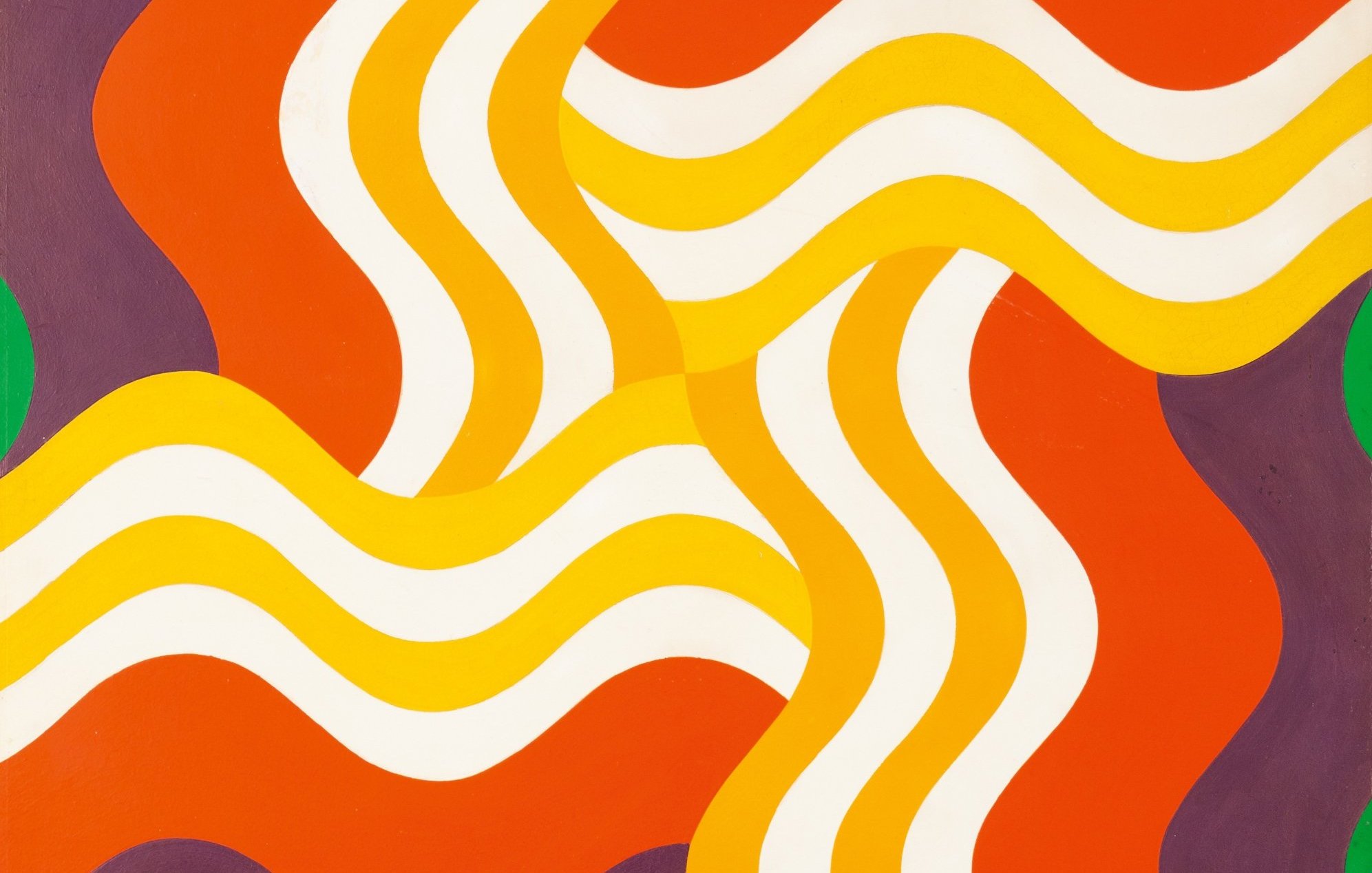 Cette image présente un art abstrait composé de formes ondulées qui se superposent. On y trouve des couleurs vives comme l'orange, le jaune, le blanc et le violet, sur un fond vert. Les lignes sinueuses créent un mouvement dynamique, tandis que les contrastes de couleur apportent une sensation de chaleur et de vitalité. La composition évoque une ambiance rétro et joyeuse.