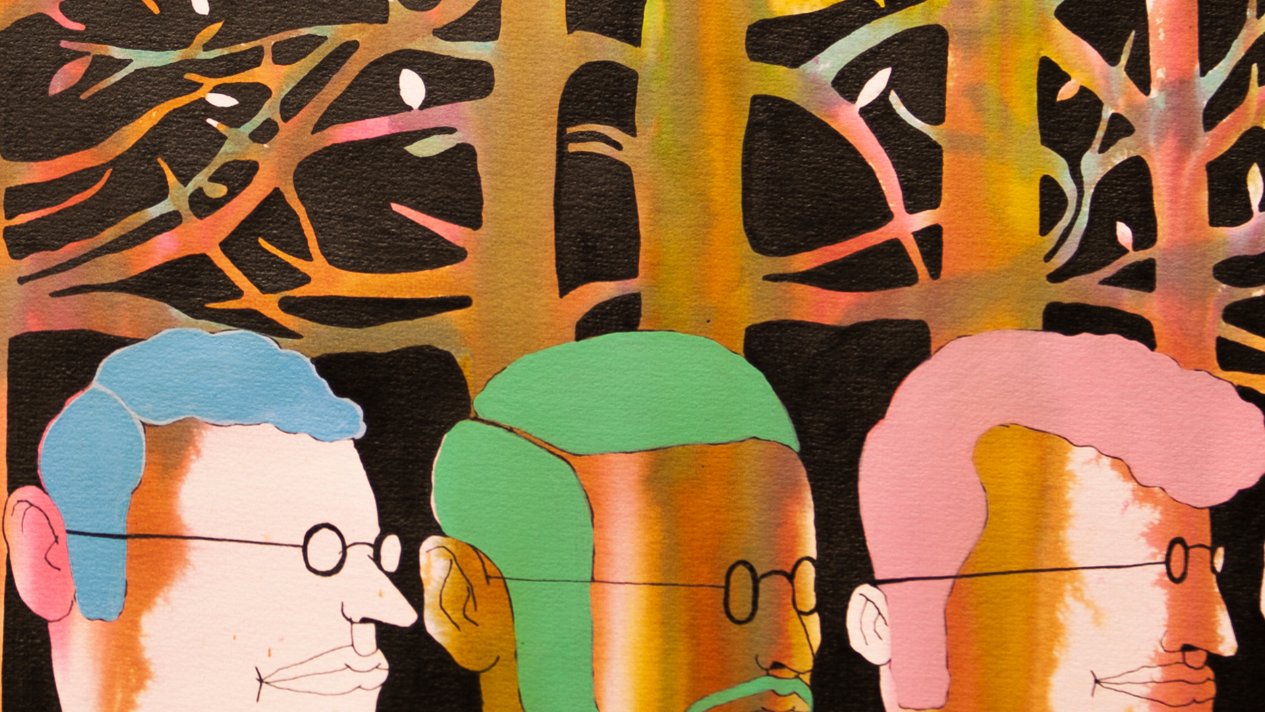 L'image présente une scène colorée et stylisée avec des silhouettes de trois hommes, qui semblent être de profil. Ils sont placés devant une forêt stylisée, dont les arbres sont représentés par des lignes de couleurs vives, créant un contraste avec le fond sombre. Les visages des hommes sont également peints dans des teintes variées, ajoutant une dimension artistique et abstraite à l'ensemble. La composition évoque une atmosphère à la fois mystérieuse et imaginative.