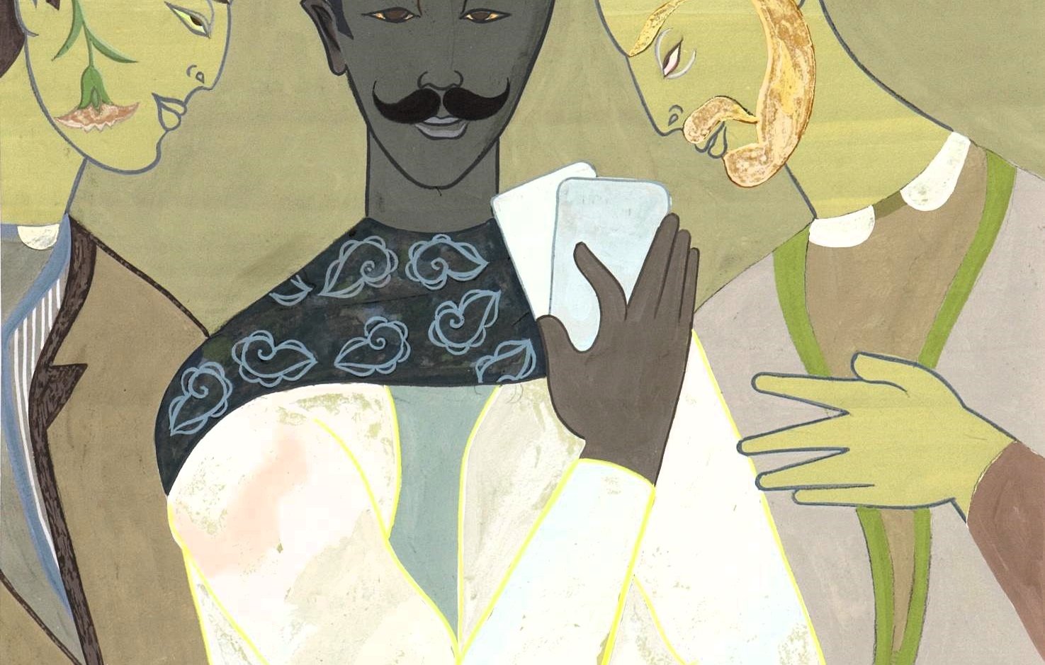 L'image représente trois figures stylisées entourant un homme au centre. L'homme au centre a un teint foncé, une moustache et porte une chemise blanche avec un col noir orné de motifs. Il tient une carte à jouer dans sa main. À sa gauche, un personnage aux traits finement dessinés, arborant un sourire, et à sa droite, un autre personnage avec une barbe et un chapeau. Le fond est en tons pastel, créant une ambiance douce. Un vase rempli de roses est posé sur la table devant eux, ajoutant une touche de couleur à la composition. L'ensemble a une esthétique moderne et abstraite.