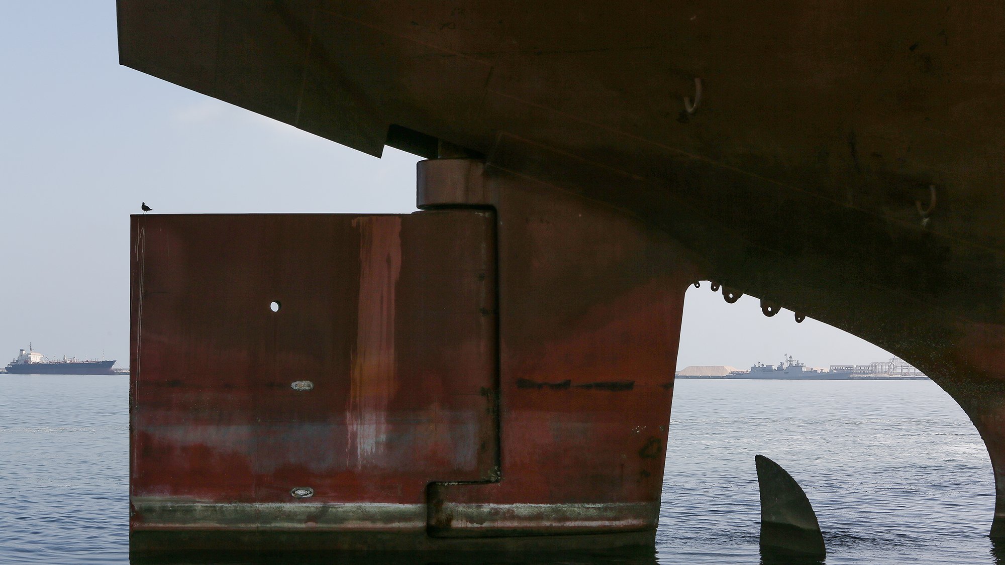 The image shows a large ship's hull partially submerged in water. The focus is on the underside of the ship, highlighting the robust, metallic structure with a reddish-brown color. There is a large flat section that appears to be a rudder or part of the propulsion system. In the background, you can see another ship and a distant shoreline, suggesting a port or harbor setting. The water is calm, reflecting the shapes above, and the atmosphere looks hazy or foggy. A small bird is perched on the edge of the structure, adding a touch of life to the scene.