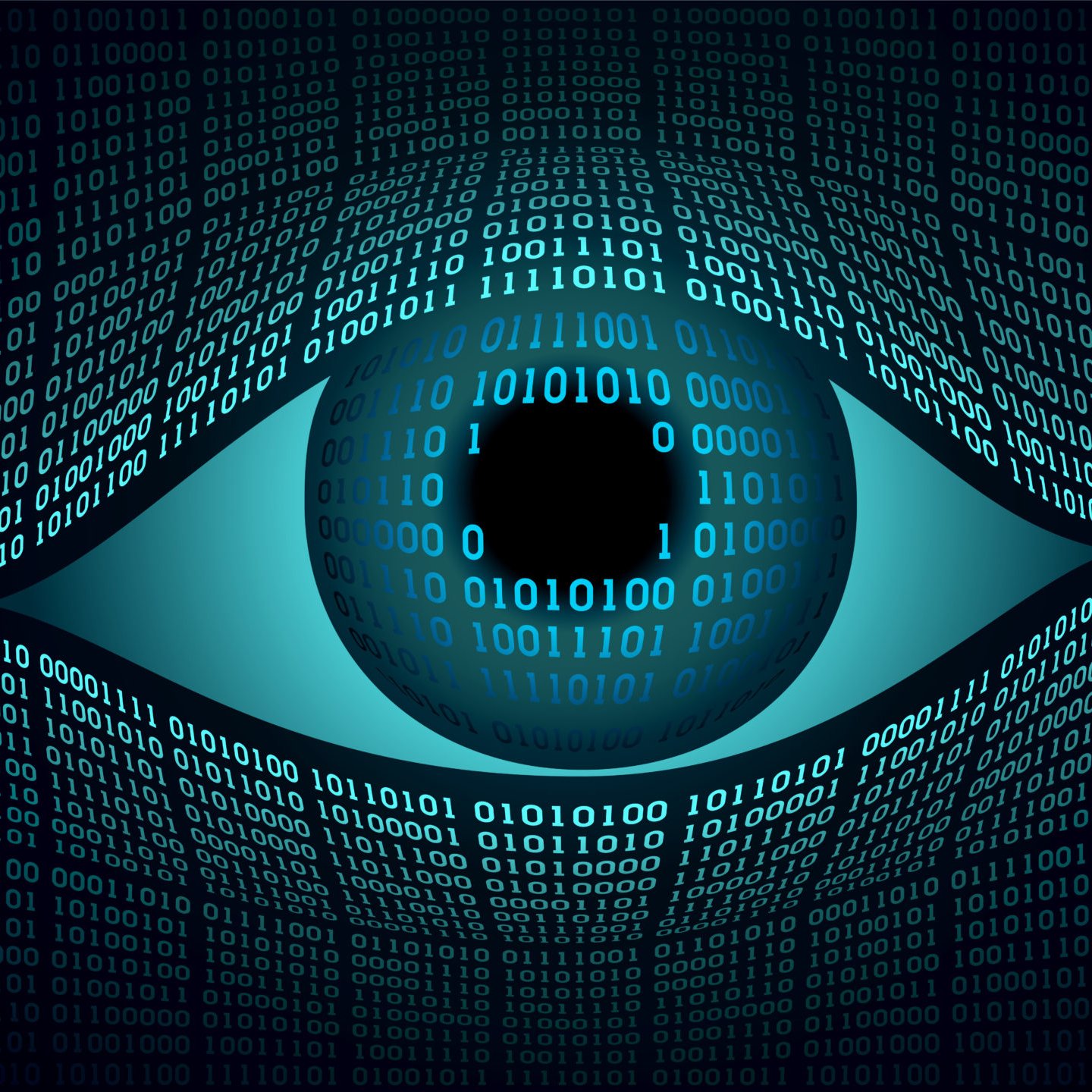 The image features a large, stylized eye at the center, which is depicted with a dark circle for the pupil. Surrounding the eye is a swirling pattern of binary code, composed of zeros and ones, creating a digital or technological theme. The overall color scheme includes shades of blue, giving it a futuristic and tech-inspired appearance. The binary code adds to the concept of data, surveillance, or digital awareness.