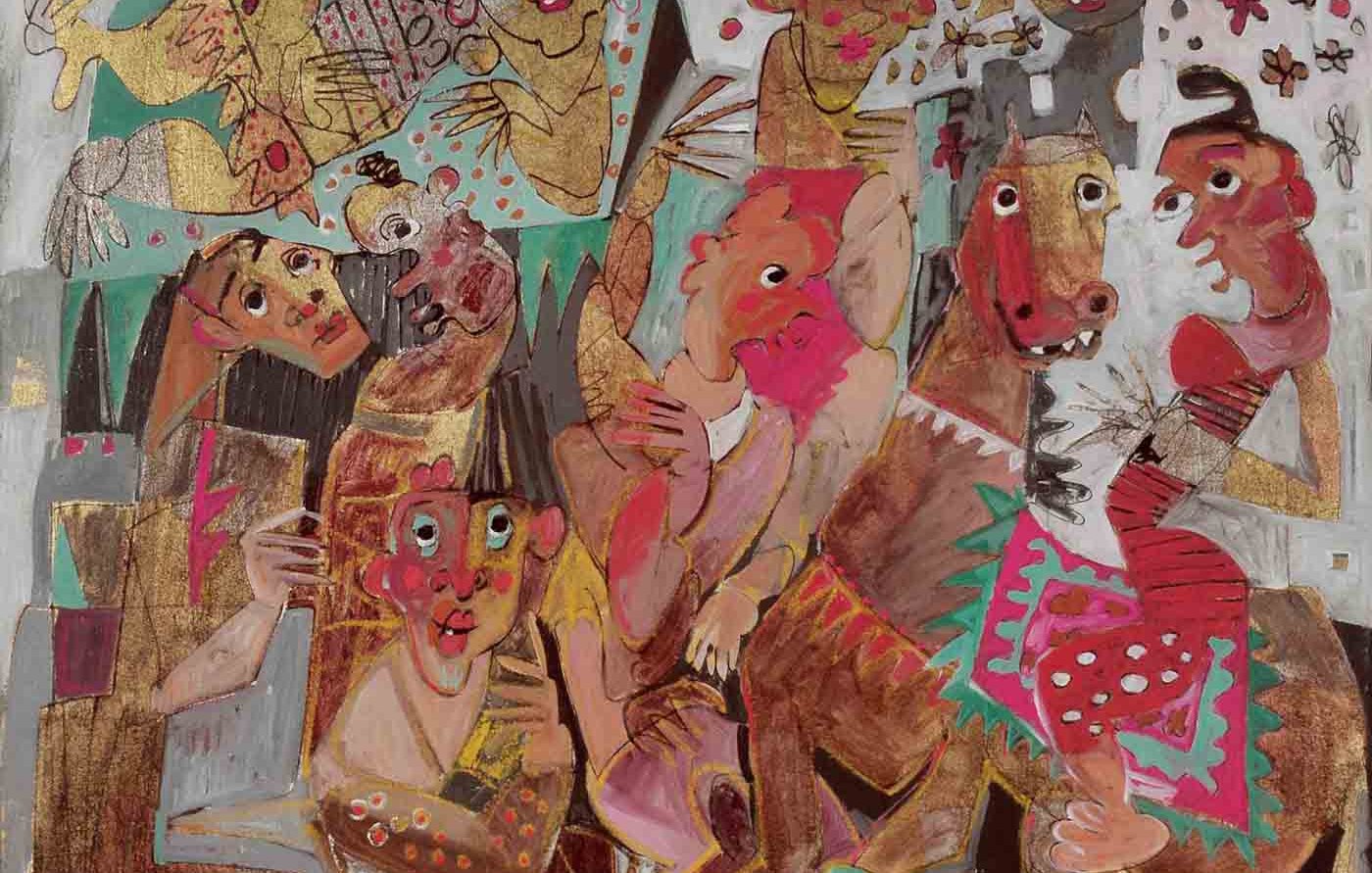 L'image présente une composition vibrante et dynamique, caractérisée par des figures humaines stylisées et des éléments abstraits. On y observe une multitude de personnages aux traits exagérés et colorés, chacun affichant des expressions variées. Certains personnages semblent interagir les uns avec les autres, tandis qu'un cheval est également présent, ajoutant une touche d'originalité à la scène. Le fond est riche en détails, avec des motifs géométriques et floraux, créant une atmosphère à la fois ludique et intrigante. Les couleurs sont éclatantes, renforçant l'énergie et le mouvement de l'œuvre.