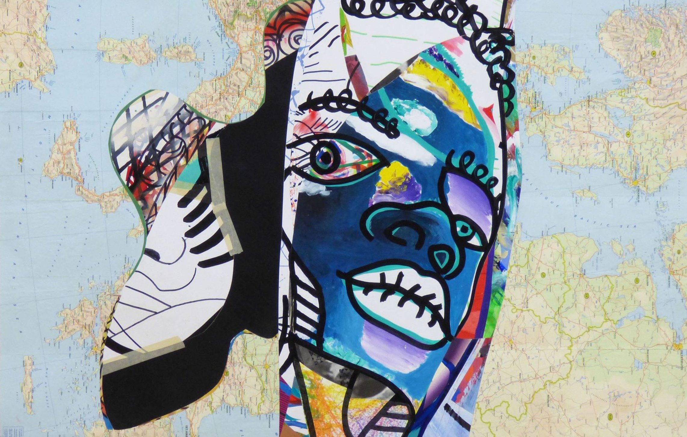 Cette image présente une œuvre d'art colorée et abstraite. Elle combine des formes humaines stylisées et des motifs graphiques, avec des couleurs vives comme le bleu, le rouge, le noir et le jaune. En arrière-plan, on peut voir une carte du monde, ce qui ajoute une dimension géographique à la composition. Les traits du visage dessiné semblent expressifs, avec des lignes fluides et des éléments graphiques qui renforcent le caractère artistique de l'œuvre. L'ensemble évoque un mélange de cultures et d'identités.