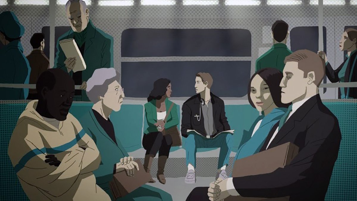 L'image illustre une scène à l'intérieur d'un bus, où plusieurs personnes sont assises. On observe deux groupes de passagers : d'un côté, un homme de couleur assis avec une femme âgée et, de l'autre côté, un homme et une femme jeunes, qui semblent converser. L'ambiance de l'image est calme, et l'illustration utilise des couleurs graphiques et des formes stylisées pour représenter les personnages. Les détails environnants et les expressions des personnes ajoutent une touche d'intimité à cette scène de vie quotidienne.