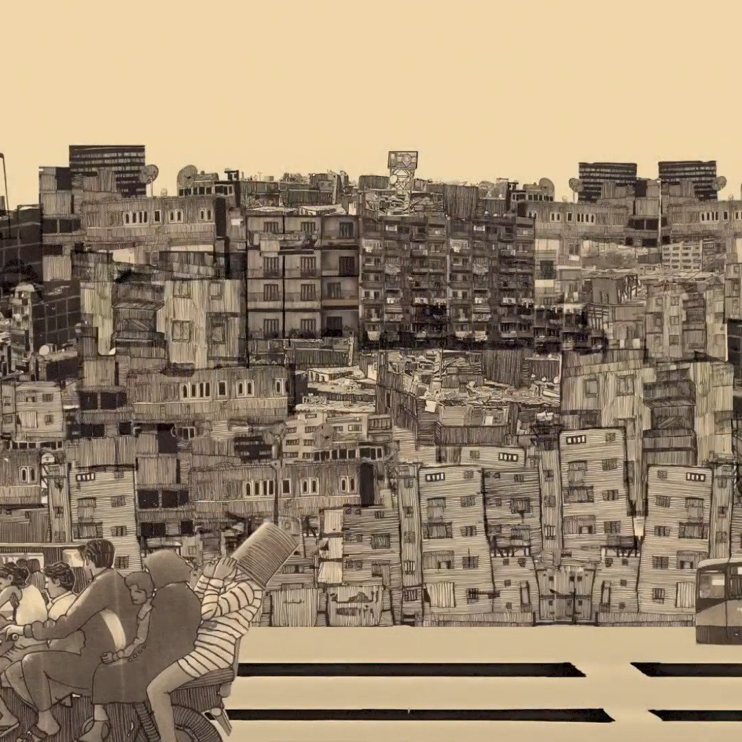 L'image représente une scène urbaine stylisée, montrant une ville dense avec de nombreux bâtiments superposés. En premier plan, on voit des personnages en mouvement, probablement des cyclistes ou des piétons, interagissant entre eux. Le fond est constitué de plusieurs étages de constructions, illustrant un paysage urbain chaotique mais vivant, avec des lignes et des formes géométriques qui se mêlent. Les couleurs sont plutôt monochromes, ce qui donne une ambiance nostalgique et artistique à l'ensemble.