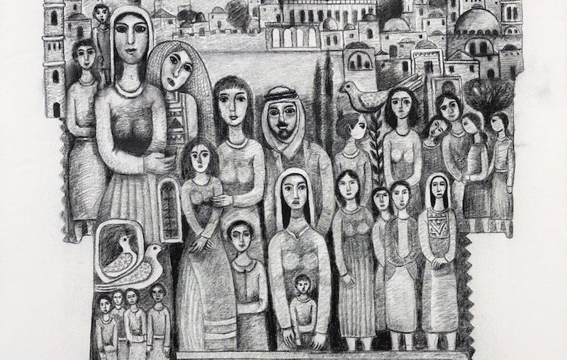 L'image représente une scène artistique en noir et blanc, avec un groupe de figures humaines stylisées, dont certaines se tiennent en avant-plan tandis que d'autres apparaissent en arrière-plan. Le décor semble évoquer une ville, avec des bâtiments et des paysages architecturaux en arrière-plan, peut-être inspirés par des éléments culturels. Au centre, des personnages féminins et masculins expriment une certaine gravité, tandis que des détails comme des oiseaux et des arbres ajoutent une dimension paisible à l'œuvre. Les lignes sont fluides et les formes vont des silhouettes simples à des représentations plus détaillées, créant une ambiance à la fois contemplative et riche en symbolisme.