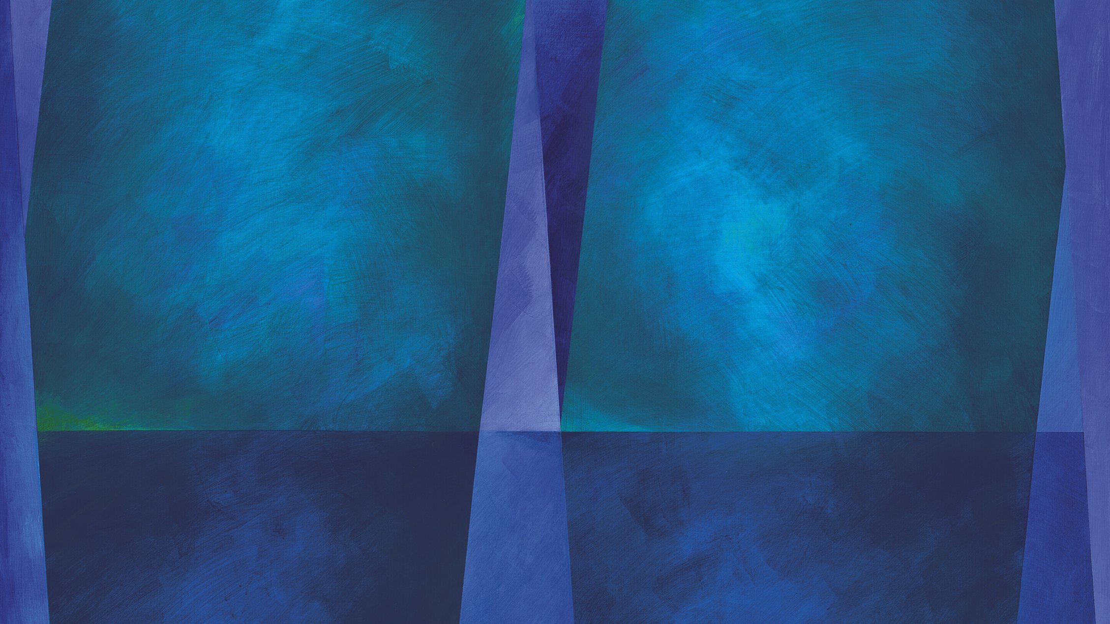 L'image présente une composition abstraite avec des nuances de bleu. Les formes sont géométriques, avec des sections rectangulaires qui se chevauchent. Les couleurs vont d'un bleu turquoise plus lumineux en haut à un bleu marine plus sombre en bas. La texture semble douce et peinte, créant un effet de profondeur et de dimension. L'ensemble donne une impression de calme et de sérénité.