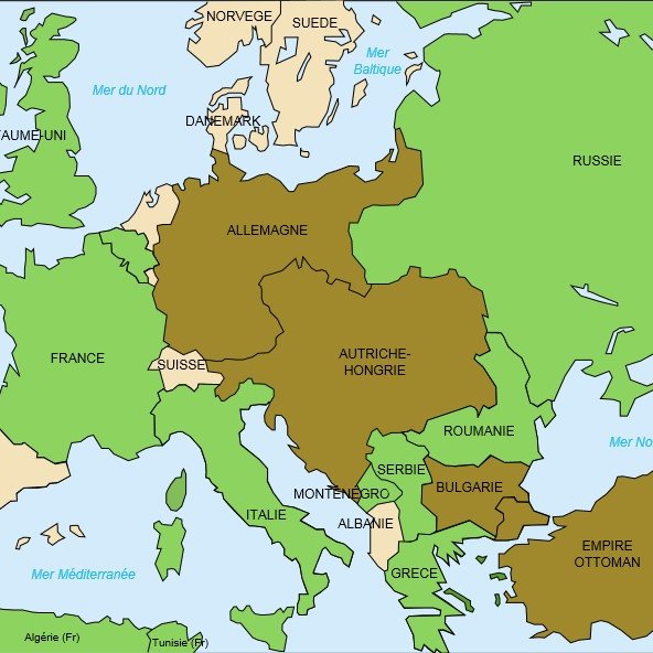 L'image représente une carte de l'Europe pendant la Première Guerre mondiale, indiquant les alliances militaires de 1914 à 1918. - Les pays de la Triple Alliance sont colorés en marron, comprenant l'Allemagne, l'Autriche-Hongrie, l'Italie (bien que l'Italie ait changé d'alliance pendant la guerre). - Les pays de la Triple Entente sont en vert, incluant la France, le Royaume-Uni et la Russie. - Les pays neutres sont également indiqués et colorés différemment. La carte présente une vue géographique des alliances, soulignant les tensions et les alliances qui ont conduit au conflit.
