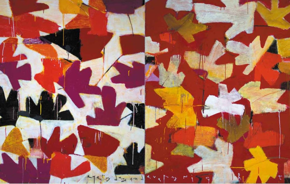 Cette image représente une œuvre abstraite composée de formes de feuilles, principalement aux couleurs vives telles que le rouge, le jaune, l'orange et le noir. Les feuilles semblent être dispersées de manière aléatoire sur un fond texturé. Les couleurs et les formes créent un mouvement dynamique, évoquant peut-être l'automne, tout en offrant une sensation de joie et de chaleur. La composition est équilibrée, avec différentes teintes qui s'entremêlent harmonieusement.