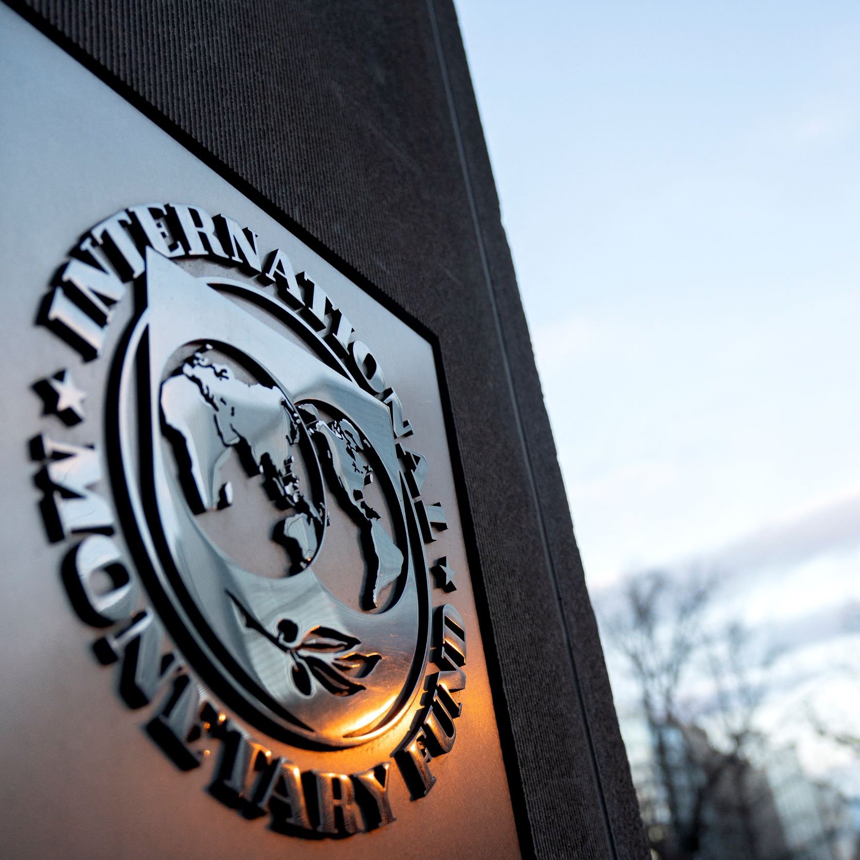تظهر في الصورة لافتة تحمل شعار صندوق النقد الدولي، مع تصميم يوضح الكرة الأرضية. تُظهر الخلفية مبنى حديث به نوافذ زجاجية تعكس السماء. يبدو أن الصورة ملتقطة في وقت متأخر من اليوم، حيث يتداخل الضوء الطبيعي مع الظلال، مما يضيف لمسة جمالية للمشهد.