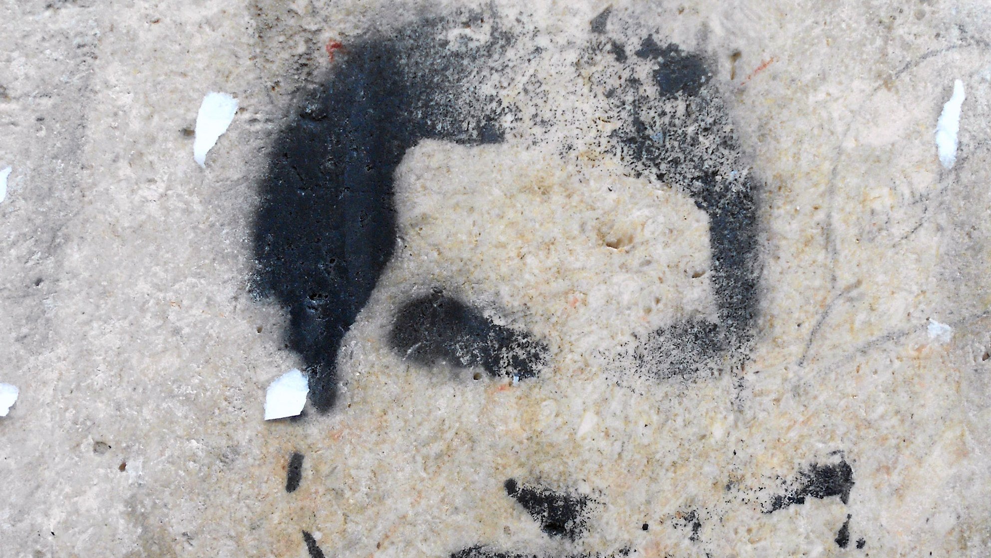 این تصویر شامل یک طرح یا گرافیتی روی دیوار است که چهره‌ای را به صورت سیاه و سفید نشان می‌دهد. جزئیات چهره به وضوح قابل تشخیص نیستند و بیشتر به صورت سایه‌ای به نظر می‌رسند. زمینه تصویر ممکن است از جنس بتن یا دیوار سنگی باشد که به مرور زمان دچار wear و تخریب شده است. 