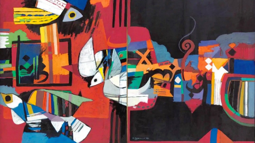 L'image représente une œuvre d'art abstrait, caractérisée par des formes géométriques et une utilisation audacieuse des couleurs. Sur la gauche, on distingue des éléments qui évoquent des poissons et des formes organiques, tandis que la droite présente un ensemble de motifs plus sombres et tourbillonnants. Les couleurs vives comme le rouge, le bleu et le jaune contrastent avec des tons plus sombres, créant une dynamique entre lumière et obscurité. L'ensemble de la composition semble jouer sur l'interaction entre le mouvement et la tranquillité, ainsi qu'entre la nature et l'abstraction.