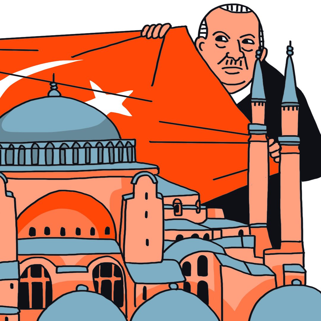 L'immagine mostra due personaggi che tengono in alto una grande bandiera turca rossa con una stella e una mezzaluna bianche. Sullo sfondo, si vede la famosa Basilica di Santa Sofia, rappresentata in modo stilizzato con una cupola e minareti. I colori predominanti comprendono l'arancione della bandiera e il blu della cupola, creando un forte contrasto visivo. La scena evoca un senso di orgoglio nazionale e si riferisce a elementi storici e culturali della Turchia.