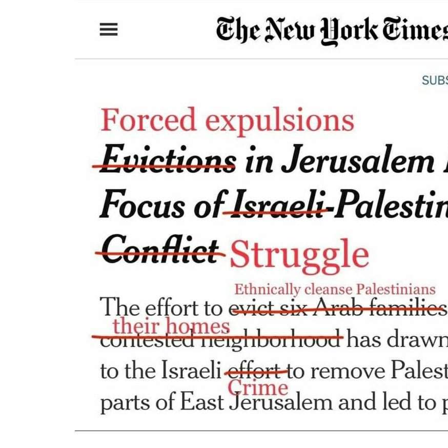 L'immagine mostra un articolo del "The New York Times" con un titolo che affronta il tema degli sfratti a Gerusalemme, evidenziando il conflitto israelo-palestinese. Parti del testo originale sono state barrate e sostituite per sottolineare il cambiamento di terminologia e prospettiva. L'articolo sembra focalizzarsi sull'impatto degli sfratti sulle famiglie palestinesi in un quartiere conteso, richiamando l'attenzione su questioni di etnia e giustizia sociale.