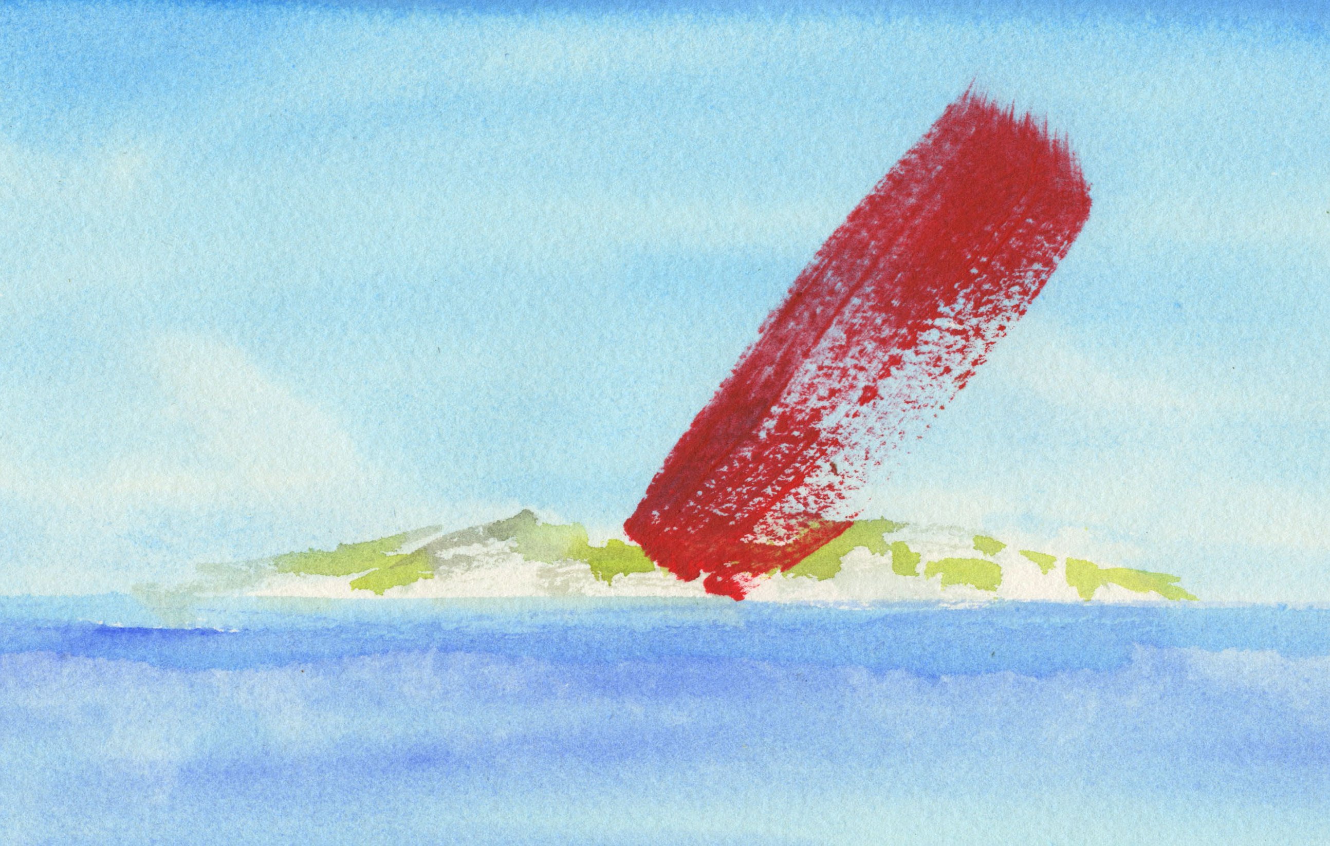 L'image représente une île au milieu d'une mer calme, avec un ciel bleu parsemé de nuages légers. Une large traînée rouge traverse le ciel, créant un contraste frappant avec les teintes douces de l'eau et des paysages environnants. Les contours de l'île sont légèrement flous, suggérant une atmosphère paisible mais également une touche d'imaginaire.