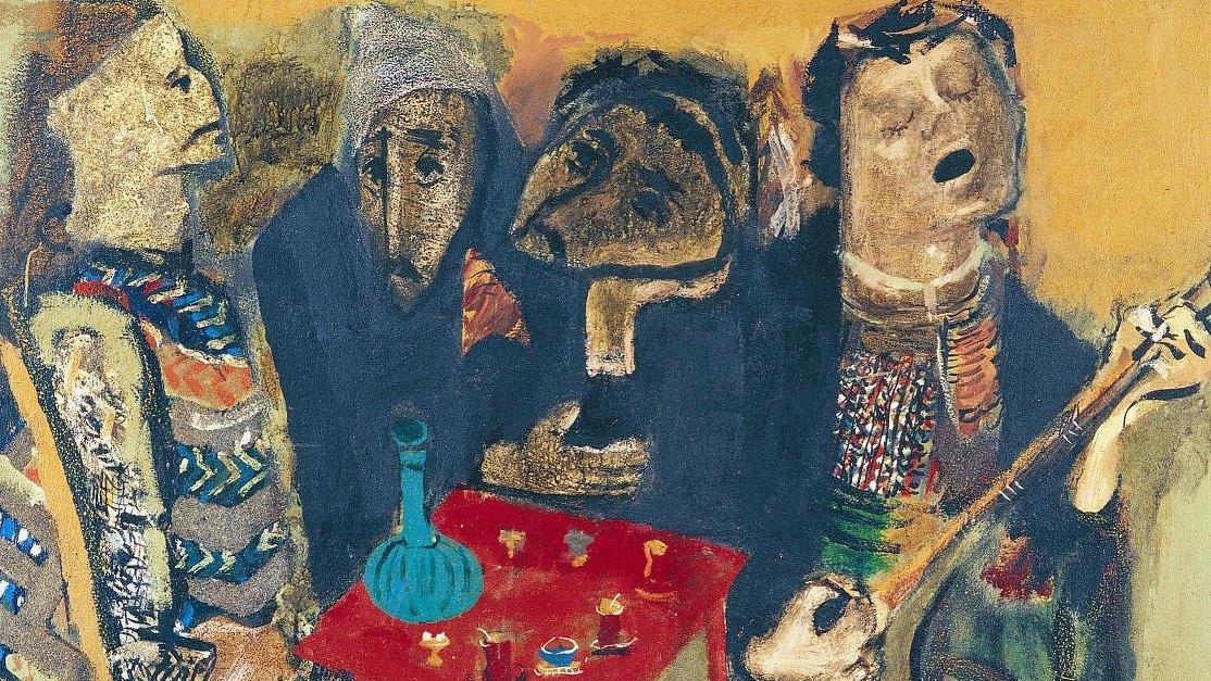 L'image représente un groupe de figures stylisées rassemblées autour d'une table rouge. L'une des figures est en train de jouer d'un instrument, tandis que les autres semblent écouter, créant une atmosphère de convivialité. Les personnages ont des traits exagérés et utilisent des couleurs vives, montrant un style artistique expressif. Le fond est d'un ton jaune, ajoutant à la chaleur de la scène. Cette œuvre évoque un moment de partage et de musique.