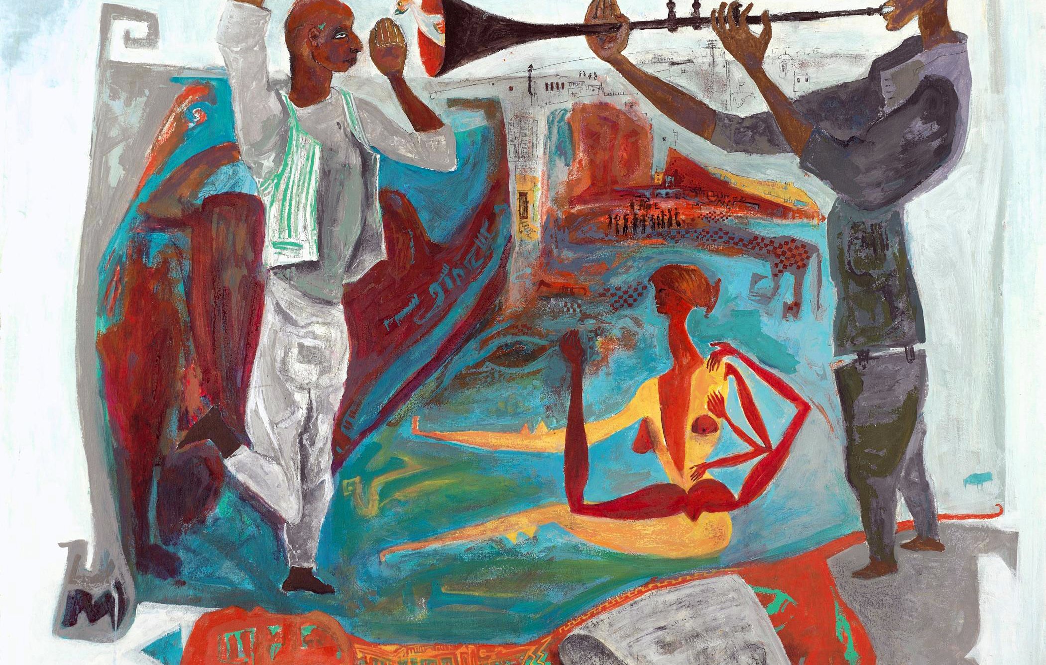 L'image présente une composition colorée et expressive, mêlant des personnages et des éléments symboliques. On y voit un homme jouant d'un instrument à vent, tandis qu'un autre personnage semble s'animer en dansant ou en célébrant. Des formes et des figures abstraites, comme une silhouette humaine en arrière-plan et des motifs évoquant la nature ou un paysage, enrichissent la scène. Les couleurs vives dominent, créant une atmosphère dynamique et vivante. L'ensemble évoque des thèmes de culture et de célébration.