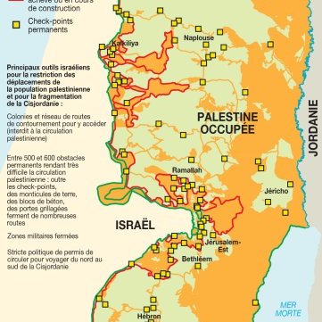 L'image est une carte de la région de la Palestine occupée, montrant les territoires pratiquement inaccessibles pour les Palestiniens ainsi que les limites définies par l'armée israélienne. On y trouve des lignes représentant la "ligne verte" (établie en 1949) et différentes zones de construction, ainsi que des points de contrôle. La carte souligne également les principaux outils israéliens relatifs à la restriction de la population palestinienne. Les frontières sont délimitées en rouge, indiquant les différentes zones d'accès et de restriction.