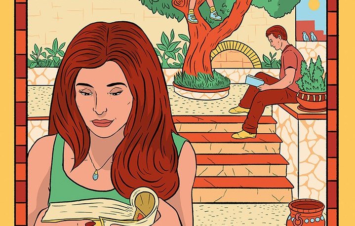 L'image représente un paysage serein et coloré, avec une femme au premier plan qui lit un livre, son visage concentré. En arrière-plan, un arbre majestueux, où deux enfants jouent, l'un grimpant dans les branches. Un homme est assis sur des marches, également en train de lire. Le décor évoque une ambiance paisible et ensoleillée, avec des éléments de végétation et des détails architecturaux qui ajoutent du charme à la scène. Les couleurs vibrantes et les lignes nettes créent une atmosphère chaleureuse et accueillante.