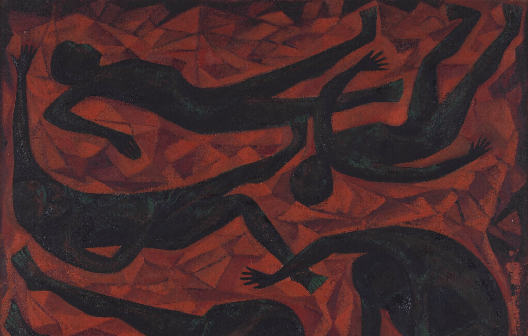 این تصویر به وضوح نمایانگر چندین شکل انسانی است که در حال حرکت یا شناور در فضایی Abstract و انتزاعی هستند. رنگ‌های غالب در این اثر شامل оттен‌های تیره و قرمز است که حس جنب و جوش و تنش را منتقل می‌کند. اشکال انسانی به صورت سیاه و در حالت‌های مختلف قرار دارند و فضای کلی کار احساسی شدید و ویرانگر را القا می‌کند. خطوط و فرم‌ها به اندازۀ کافی پیچیده و پویایی دارند که باعث می‌شوند بیننده به تفسیر حرکت و حالت‌های انسانی پرداخته و به درک عمیق‌تری از اثر برسد.