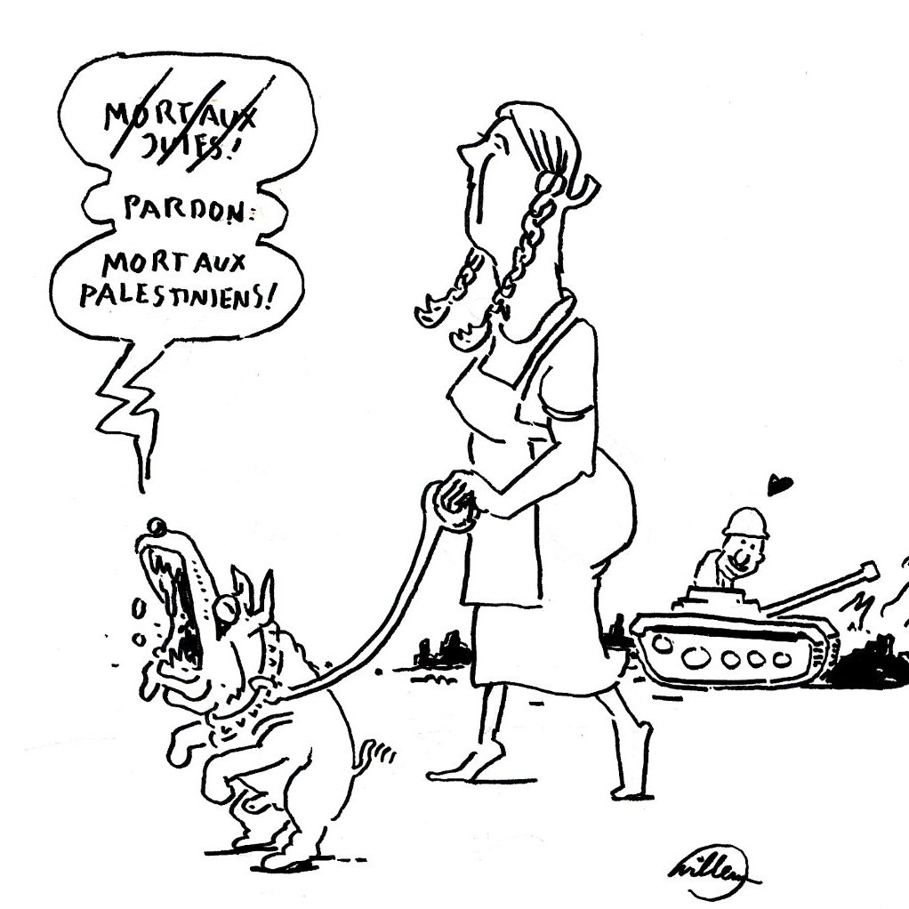 Une femme avec un chien, un tank en arrière-plan, un dialogue sur les Palestiniens.