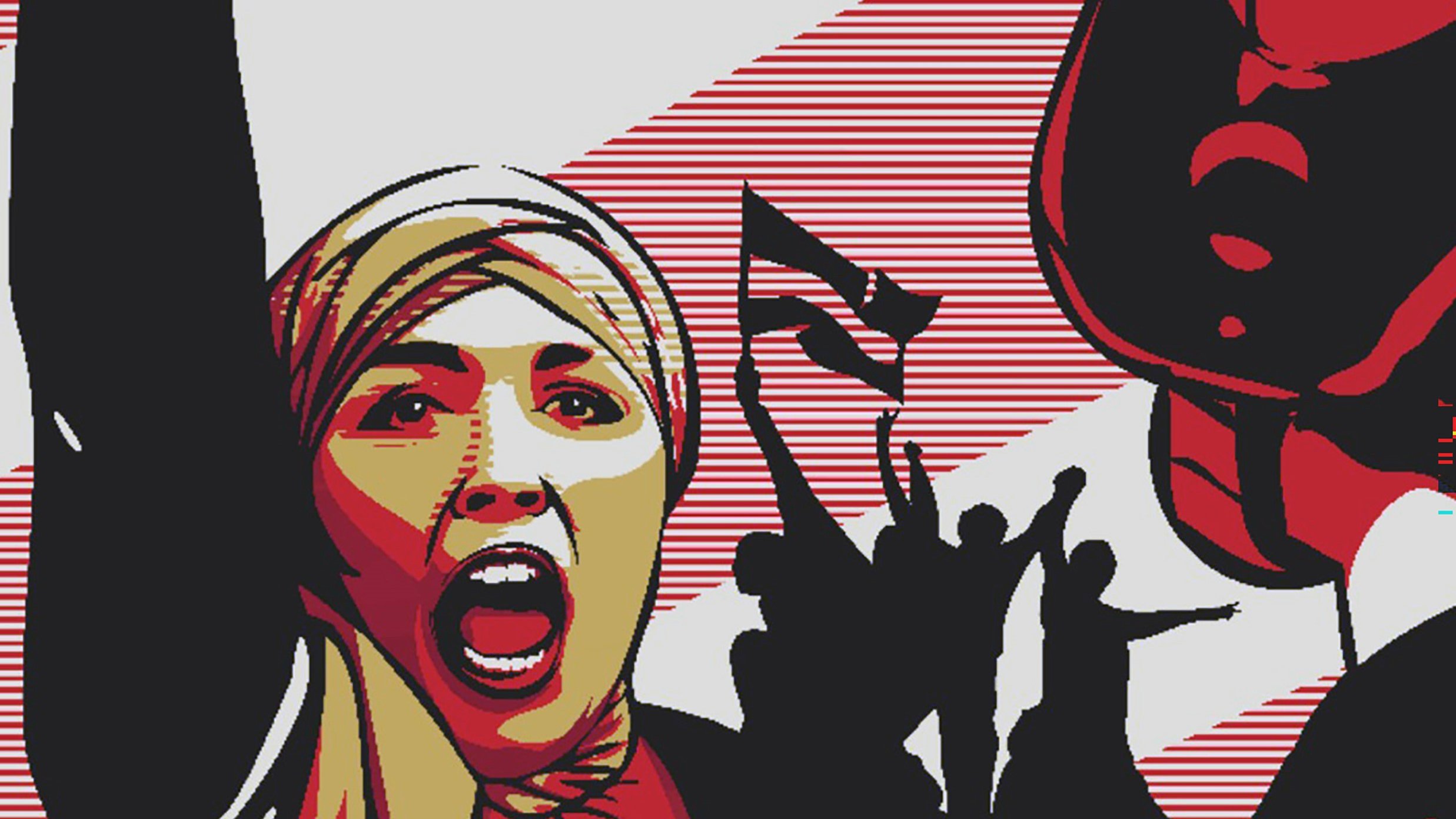 L'immagine presenta una composizione grafica dallo stile astratto, con colori forti e contrastanti. In primo piano, si vede una figura femminile che alza il pugno, esprimendo un gesto di protesta o di determinazione. Indossa un foulard, il che aggiunge un elemento di identificazione culturale. Sullo sfondo, ci sono delle silhouette di persone che sembrano partecipare a una manifestazione, con una bandiera in mano. L'uso di linee verticali e cambi di tonalità crea un senso di dinamismo e intensità emotiva.