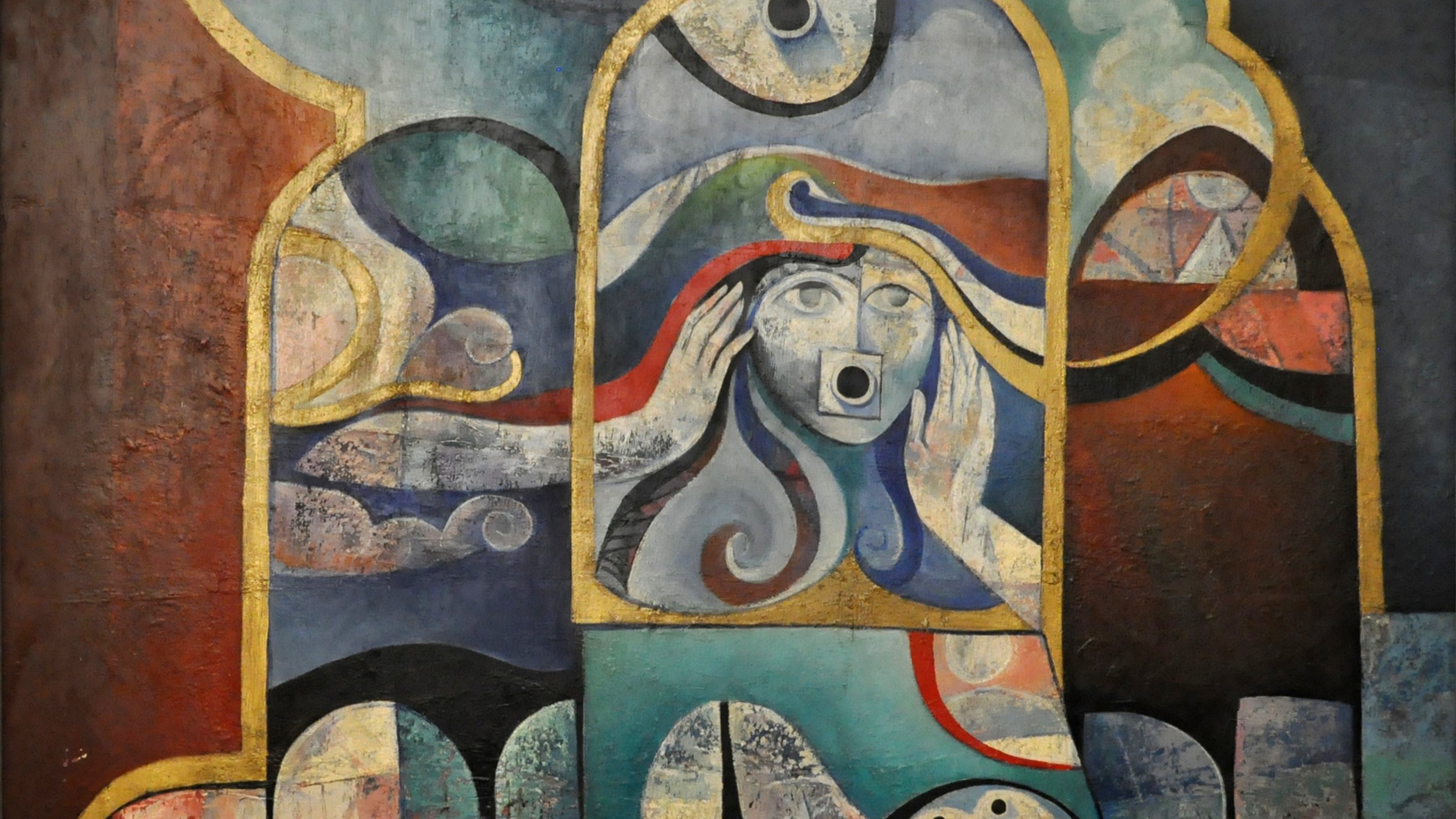 L'image semble être une œuvre d'art abstraite, avec des formes géométriques et des couleurs vives. On peut y discerner des silhouettes humaines stylisées, une figure centrale qui pourrait exprimer une émotion forte, et des motifs organiques qui entourent la scène. Les couleurs varient du bleu et du rouge, avec des touches dorées qui ajoutent de la profondeur. L'ensemble dégage une atmosphère à la fois mystérieuse et contemplative.