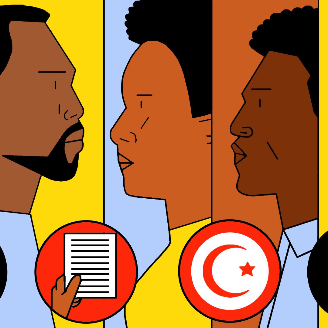 L'image présente une série de profils de personnes, avec des illustrations stylisées et colorées. On y voit deux hommes et deux femmes, chacun d'eux avec une expression sérieuse. Les personnages sont entourés de motifs lumineux en jaune, orange et bleu. Au centre, on trouve des éléments significatifs, comme un document et un symbole représentant la Tunisie, ainsi qu'une cravate dans des icônes. L'ensemble transmet un message sur la diversité et les identités culturelles.