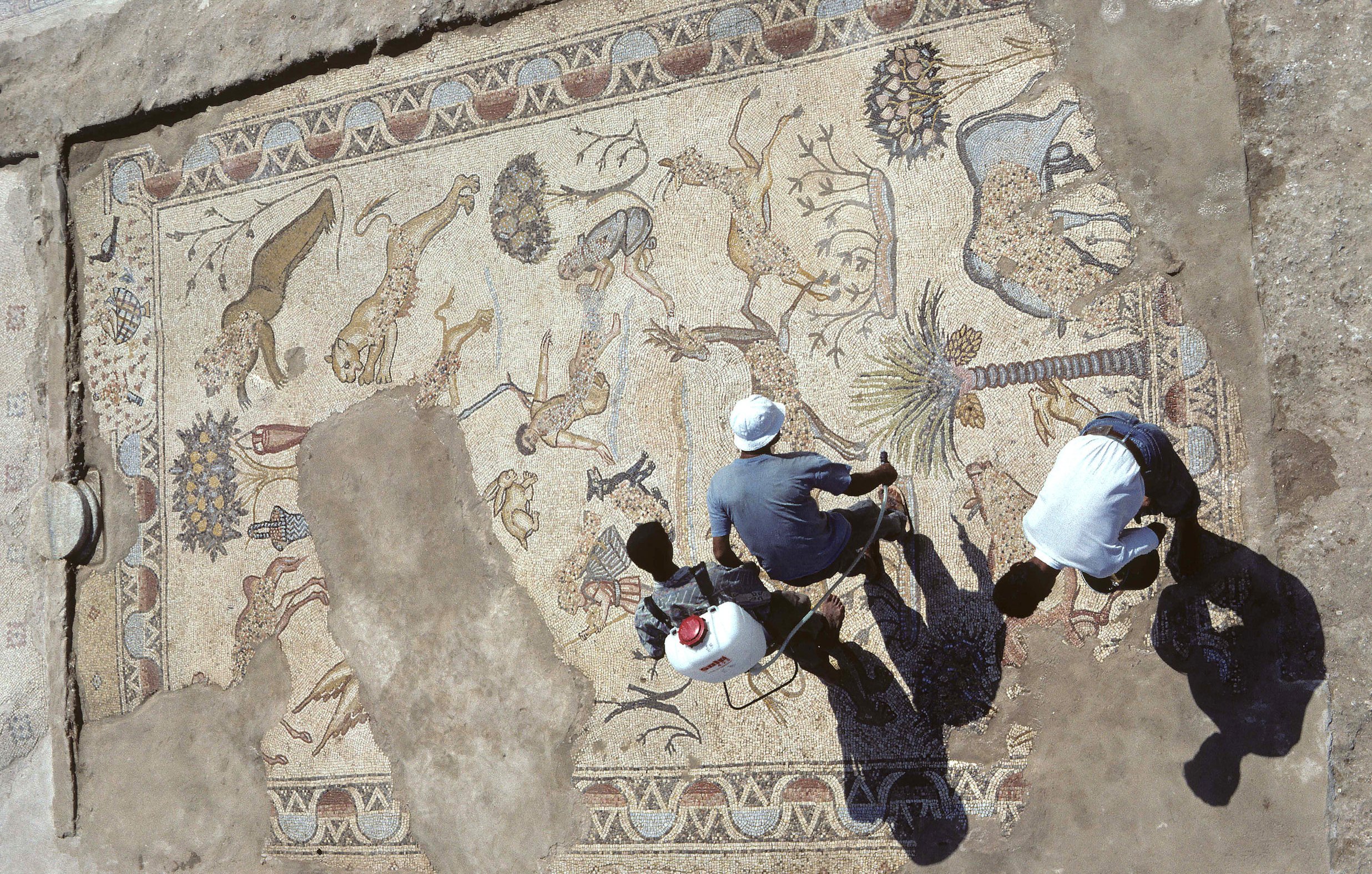 L'image montre une vue aérienne d'un sol en mosaïque impressionnant, découvert lors de fouilles archéologiques. Cette mosaïque représente une variété d'animaux, tels que des lions et des cerfs, ainsi que des motifs floraux et géométriques. On peut voir deux personnes travaillant à proximité, probablement en train d'examiner ou de restaurer la mosaïque. La terre autour de la mosaïque est dénudée, suggérant un site archéologique en plein exploration. Les ombres des personnes ajoutent une dimension intéressante à la scène.