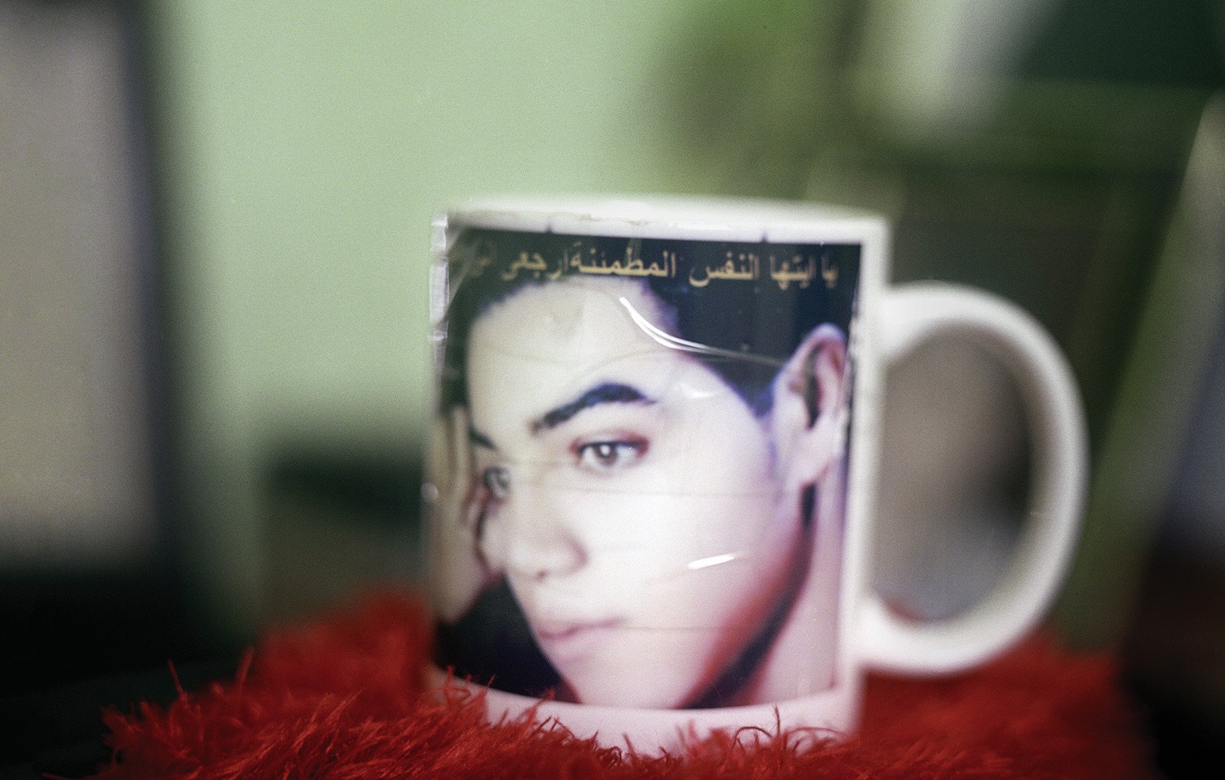 L'image présente une tasse avec une image d'une personne portant un regard triste ou pensif. Le fond de la tasse est légèrement flou, mais on distingue bien le visage. La tasse est placée sur un support de couleur rouge, ajoutant une touche de chaleur à la composition. En bas de l'image, le texte indique "Égypte Les martyrs de la révolution" ainsi que le nom de l'auteur, Denis Dailleux, et des précisions sur la préface et les textes. L'ensemble évoque un hommage ou une réflexion sur les événements révolutionnaires en Égypte.