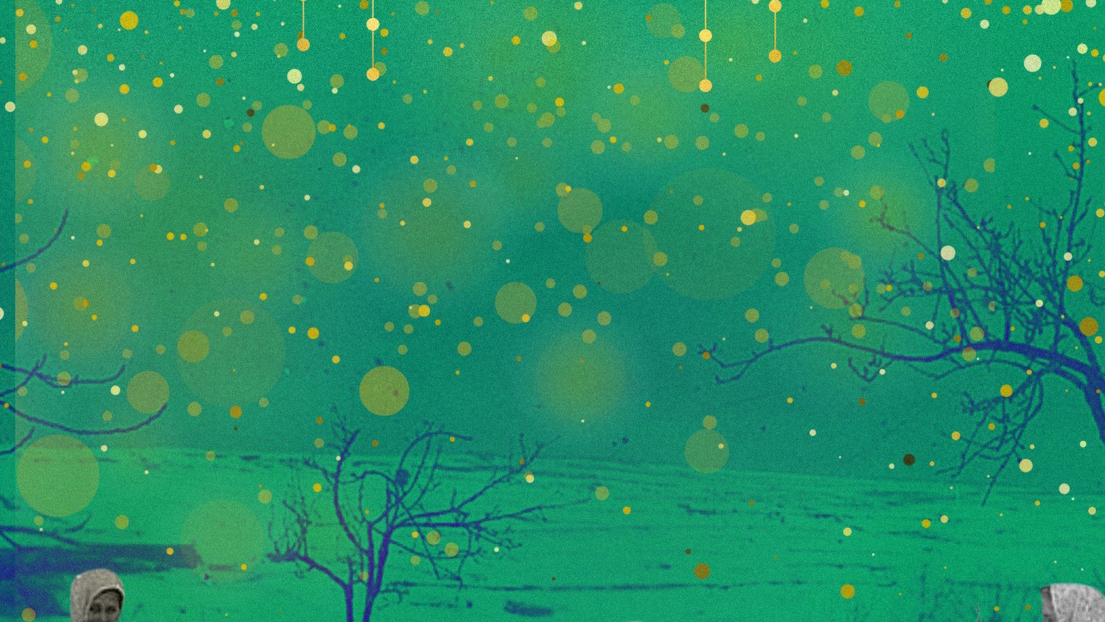 L'image présente une composition artistique avec un fond vert vif parsemé de motifs dorés. Au premier plan, on voit plusieurs femmes en noir et blanc, habillées de vêtements traditionnels. Elles semblent engagées dans une activité collective, peut-être une danse ou une célébration, autour d'un élément symbolique. En arrière-plan, des arbres dénudés ajoutent une dimension presque mélancolique à la scène. L'ensemble crée un contraste intéressant entre la couleur dynamique et les figures monochromes, évoquant des thèmes de culture et de mémoire.