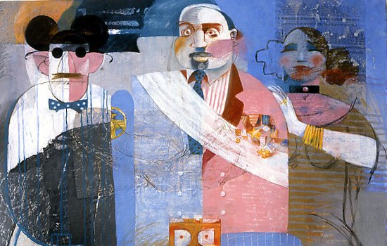 Cette image présente une composition abstraite avec des figures humaines stylisées. Les personnages sont représentés de manière fragmentée, avec des traits exagérés et des couleurs vives. On peut distinguer des éléments de vêtements variés, juxtaposés à des motifs géométriques et des textures riches. L'ensemble de l'œuvre dégage une atmosphère graphique et expressive, caractérisée par des contrastes de couleurs et des superpositions. Les visages des personnages semblent expressifs, communiquant une certaine émotion tout en conservant un aspect énigmatique.