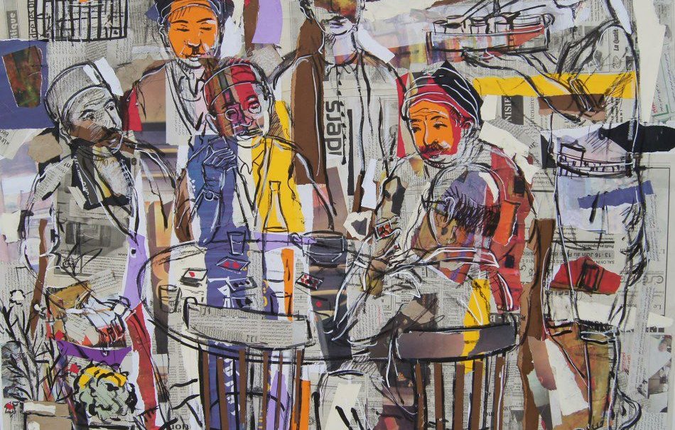 L'image représente une scène animée avec plusieurs personnages autour d'une table. Ils semblent engagés dans une conversation ou une activité sociale. Les personnages sont dessinés avec des traits accentués et des couleurs vives, se détachant sur un fond composé de coupures de journaux et d'autres formes de papier. L'ensemble donne une impression de dynamisme et de convivialité, tout en utilisant des éléments artistiques qui se mélangent harmonieusement.