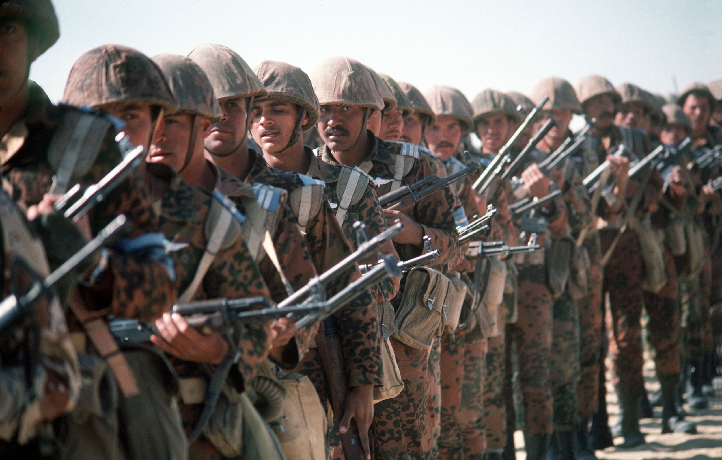 تظهر الصورة مجموعة من الجنود المتراصين في صفوف مرتبة. يرتدي الجنود زيًا عسكريًا يتميز بنقوش لونية، ويحملون أسلحة في أيديهم. يبدو أن الجميع في حالة تأهب واستعداد. تظهر خلفهم بيئة صحراوية، مما يوحي بأنهم قد يكونون في موقع تدريبي أو في ساحة معركة. تعكس الصورة انضباطًا وقوة.