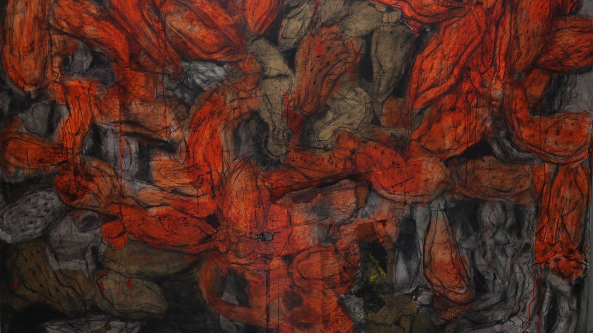 L'image représente une œuvre d'art abstraite aux couleurs vives, principalement des rouges et des tons sombres. La composition semble chaotique, avec des formes fluides et organiques qui se chevauchent. On distingue des contours de figures qui évoquent des mouvements dynamiques, créant une impression de profondeur et d'énergie. Les textures paraissent riches, ajoutant une dimension tactile à l'ensemble. L'œuvre suscite une interprétation personnelle, laissant place à l'imagination du spectateur.