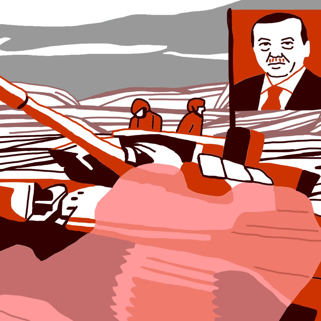 L'image représente un char de guerre stylisé, avec des teintes rouges et grises dominantes. Au-dessus du char, on distingue un portrait d'un homme, portant un sourire, probablement un dirigeant politique. Le fond est abstrait, évoquant un paysage militaire. L'ensemble dégage une ambiance de puissance et de tension.