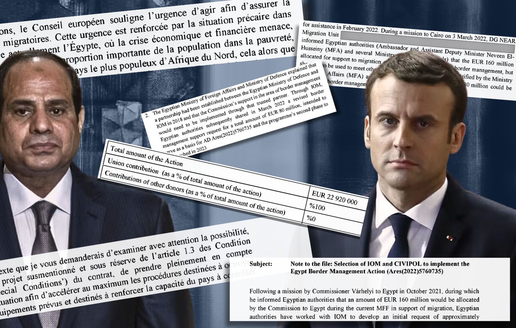 L'image semble comporter des éléments graphiques liés à des discussions ou des accords entre deux dirigeants, probablement ceux d'Égypte et de France. On peut y voir des extraits de documents ou de rapports, des montants financiers mentionnés, ainsi que des références à des enjeux de gestion aux frontières en Égypte. Les textes semblent indiquer un dialogue autour de la coopération entre les deux pays, en mettant l'accent sur des préoccupations économiques et migratoires. Les visages des deux dirigeants sont probablement présentés, symbolisant leur rôle dans ces négociations.