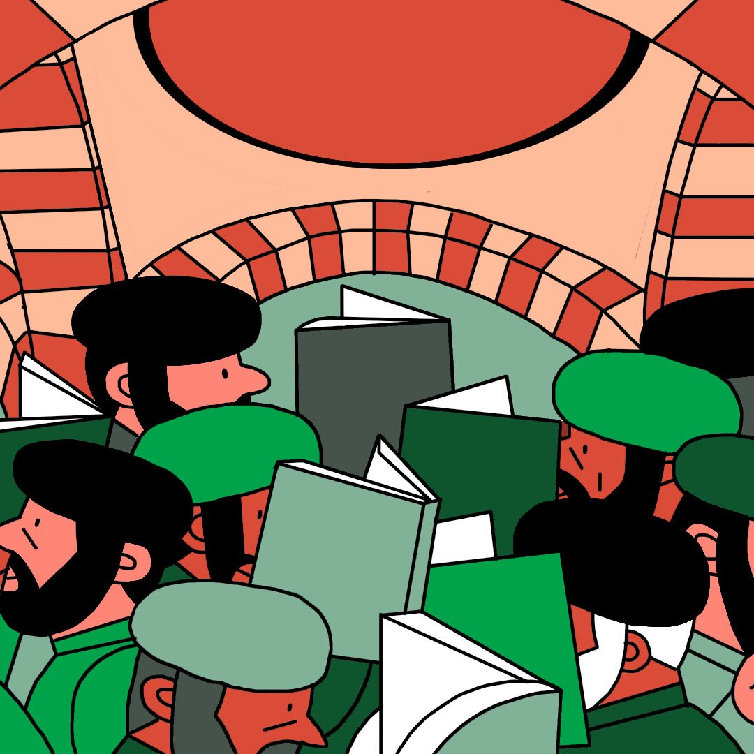 L'image représente un groupe de personnes se tenant sous une arcade. Elles portent des chapeaux et des vêtements de couleur verte, et certaines semblent porter des livres ouverts. Les personnages ont des expressions concentrées, comme s'ils étaient absorbés par leur lecture. L'architecture en arrière-plan présente des motifs en briques, créant une ambiance chaleureuse et accueillante.