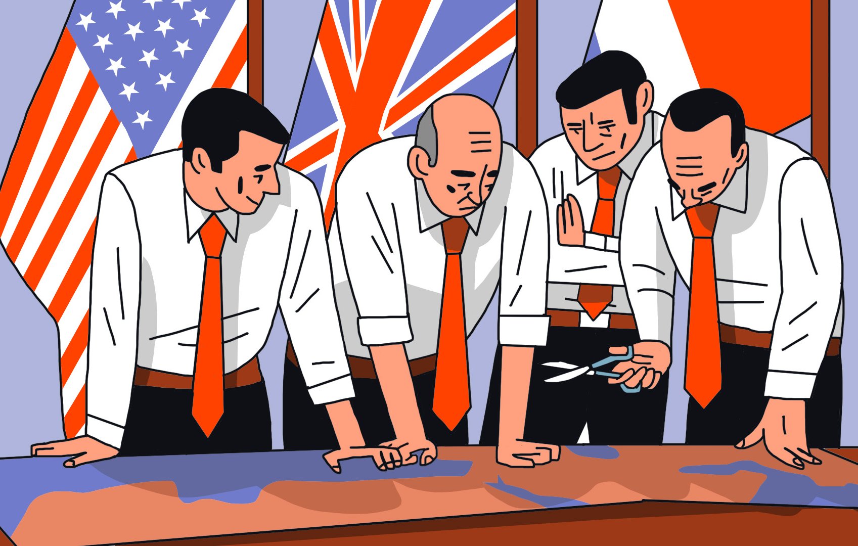 L'image montre quatre hommes en costume, regardant une carte ou un plan posé sur une table. Ils portent tous des chemises blanches avec des cravates orange. En arrière-plan, on peut voir trois drapeaux : celui des États-Unis, du Royaume-Uni et de la France. Les hommes semblent concentrés et discutent ensemble, ce qui suggère une réunion ou une consultation stratégique.