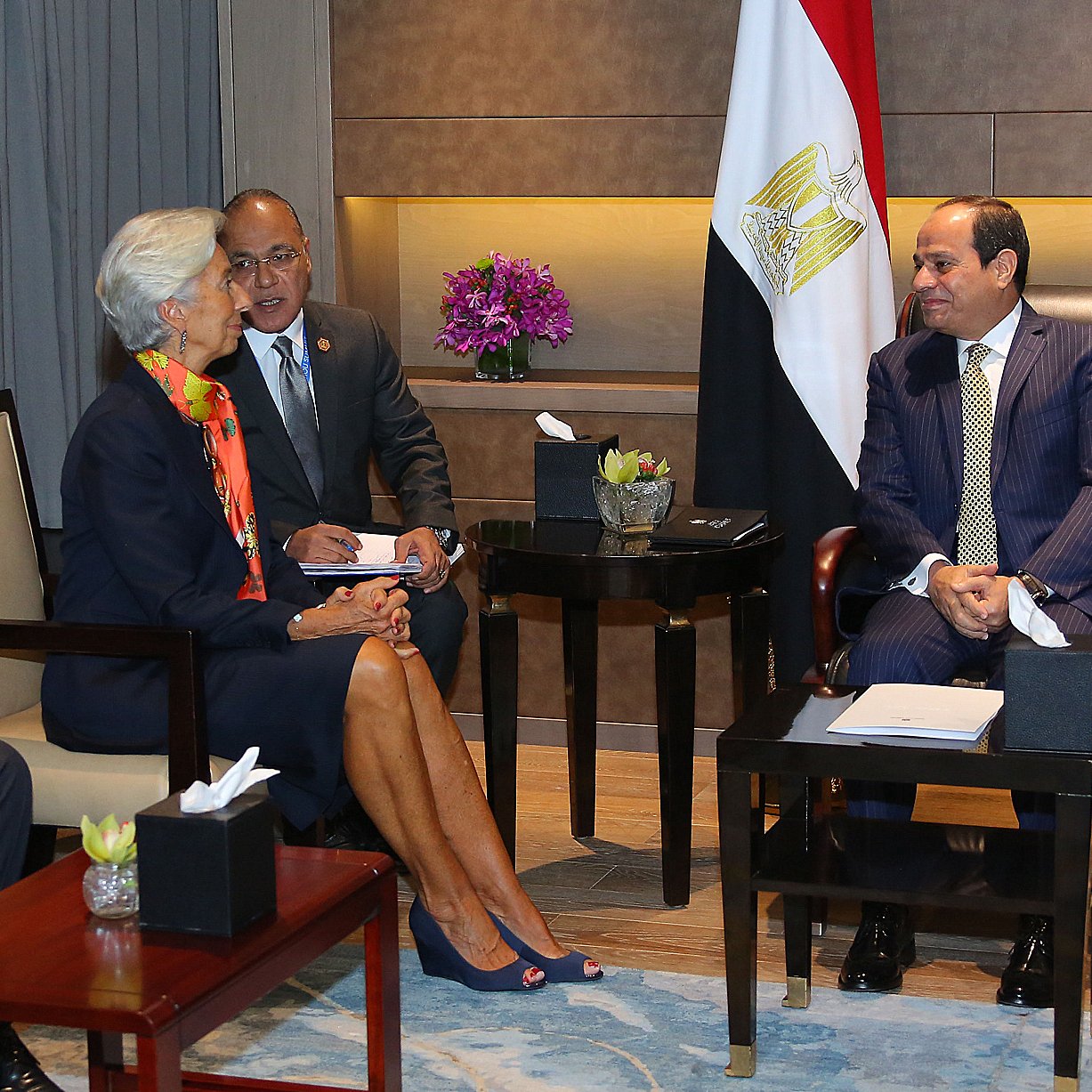 The image depicts a formal meeting taking place in a well-furnished room. There are three individuals present. One person is sitting on the left, wearing a bright outfit and engaged in conversation, while another person is seated directly across, in formal business attire and listening attentively. A third individual is seated between them, possibly mediating or contributing to the discussion. In the background, an Egyptian flag can be seen, along with decorative elements like flowers and plants, adding to the professional atmosphere of the meeting.