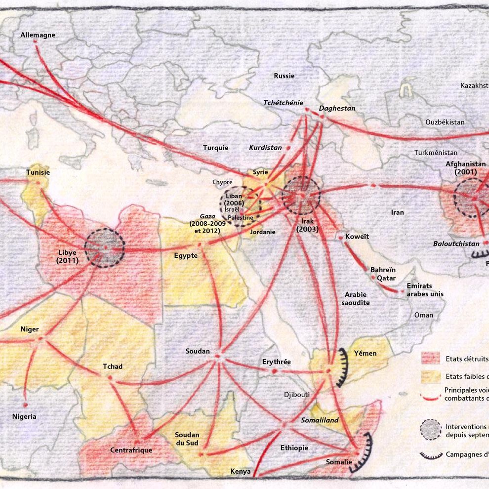 L'image représente une carte géographique qui illustre les itinéraires et les connexions entre différents pays et régions en relation avec des mouvements d'insurgés. On y voit des couleurs, probablement des zones prioritaires ou des états d'insurrection, ainsi que des flèches rouges qui symbolisent les chemins ou les influences des combattants. Les annotations en bas indiquent des campagnes et des événements spécifiques à partir de septembre 2001, suggérant une analyse des dynamiques de conflits et de l'extrémisme dans cette région. L'ensemble donne une vue d'ensemble des interactions géopolitiques et des défis sécuritaires.