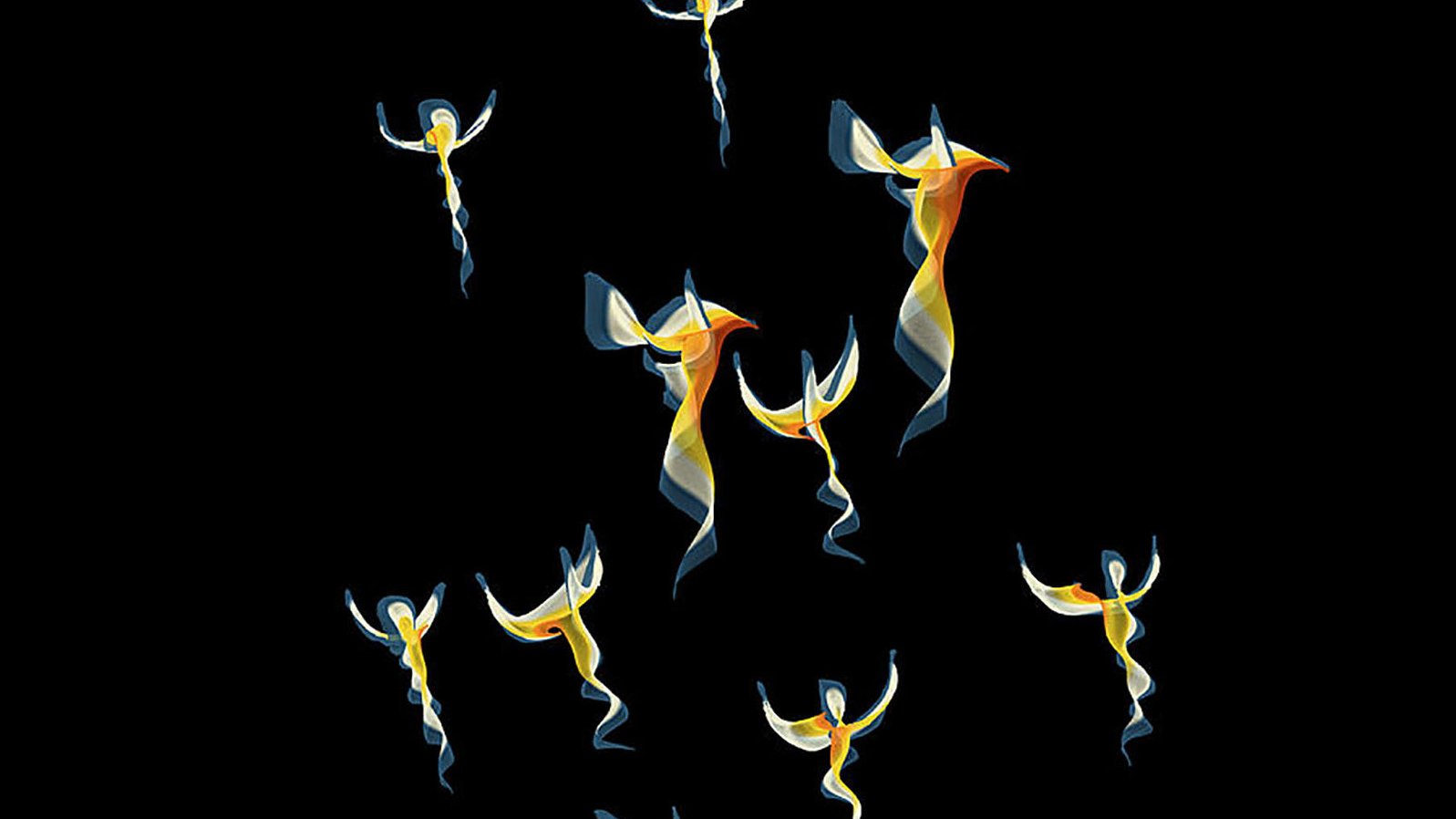 L'image présente une série de figures stylisées dans des tons jaunes et oranges, donnant l'impression d'êtres en mouvement. Ces formes ressemblent à des danseurs ou des créatures aériennes qui apparaissent en contraste sur un fond noir, ce qui crée une atmosphère dynamique et légère. Les figures semblent flotter ou s'élever, capturant une sensation de liberté et de grâce.