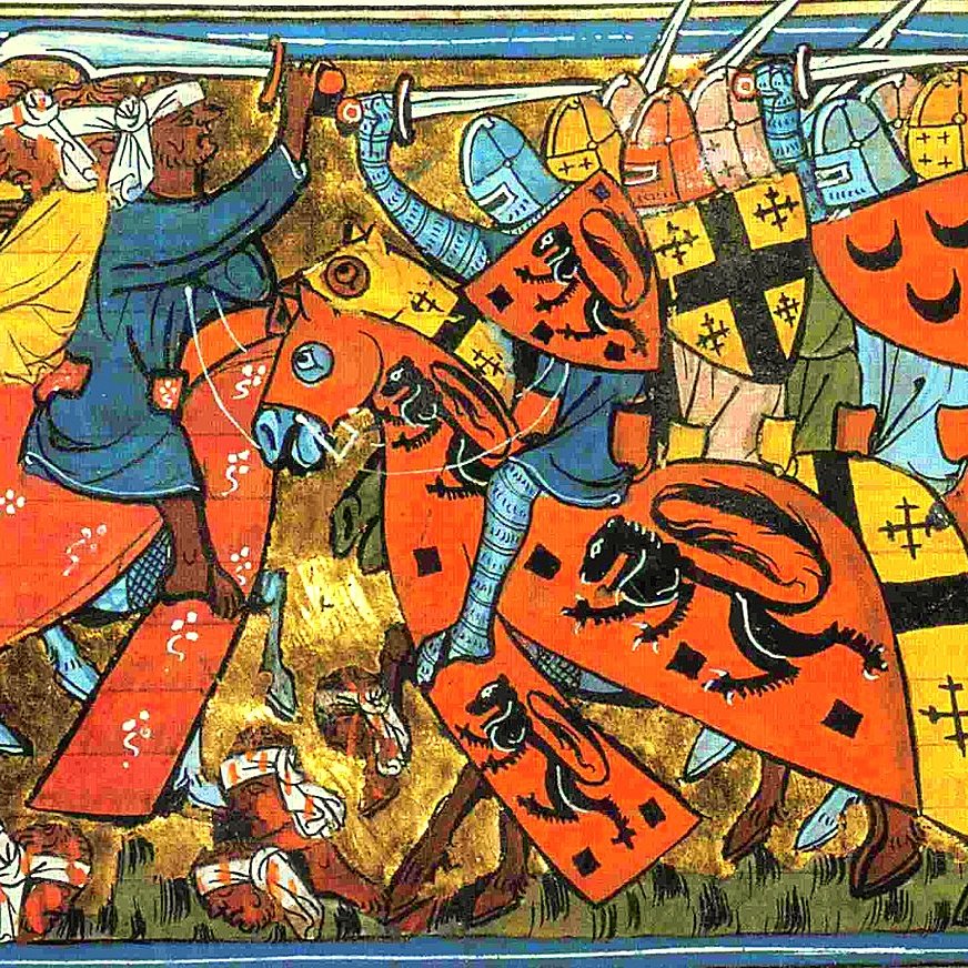 L'image représente une scène de bataille médiévale, typique des miniatures illustrant des événements historiques. On peut y voir des chevaliers en armure, montés sur des chevaux, brandissant des armes et portant des blasons aux motifs variés. Les couleurs vives, comme le rouge et le bleu, ajoutent une dynamique à la scène. Les combattants semblent être engagés dans un affrontement intense, tandis qu'au sol, on aperçoit des figures suggérant une lutte ou des blessures. L'ensemble dégage une atmosphère de bravoure et de conflit propre à l'époque médiévale.