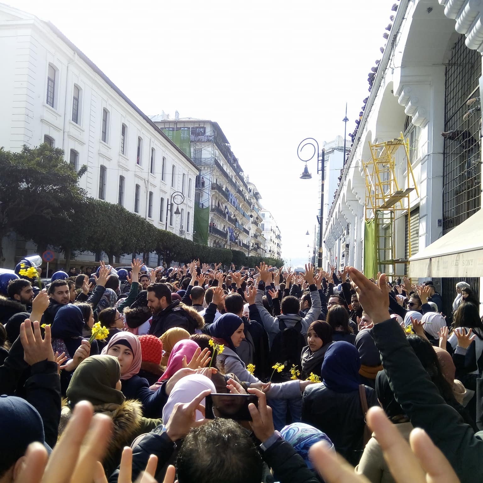 L'image montre une grande foule de personnes rassemblées dans une rue, levant les mains en signe de protestation ou de solidarité. On peut voir des bâtiments architecturaux en arrière-plan, ainsi que quelques agents de police en uniforme. Les participants semblent très engagés dans leur manifestation, et l'atmosphère est chargée d'énergie collective. Les vêtements des manifestants varient, certains portant des écharpes ou des bonnets en fonction de la saison.