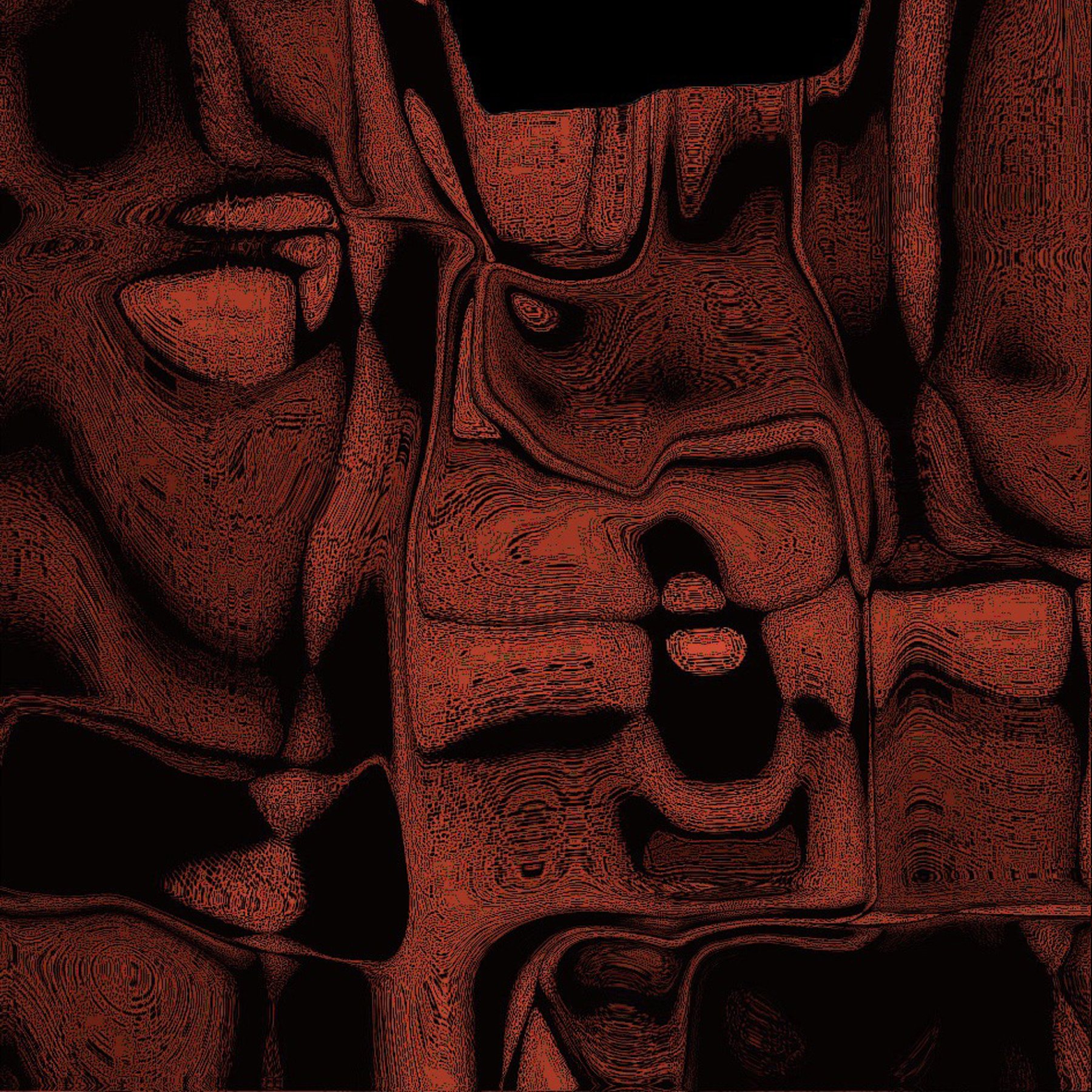 L'image présente des motifs abstraits aux tons rouges et noirs, avec des formes fluides et tourbillonnantes. Les textures semblent créer une impression de profondeur, donnant l'impression qu'il y a des visages ou des figures cachées au sein des contours. L'ensemble est à la fois énigmatique et captivant, offrant une expérience visuelle intrigante.