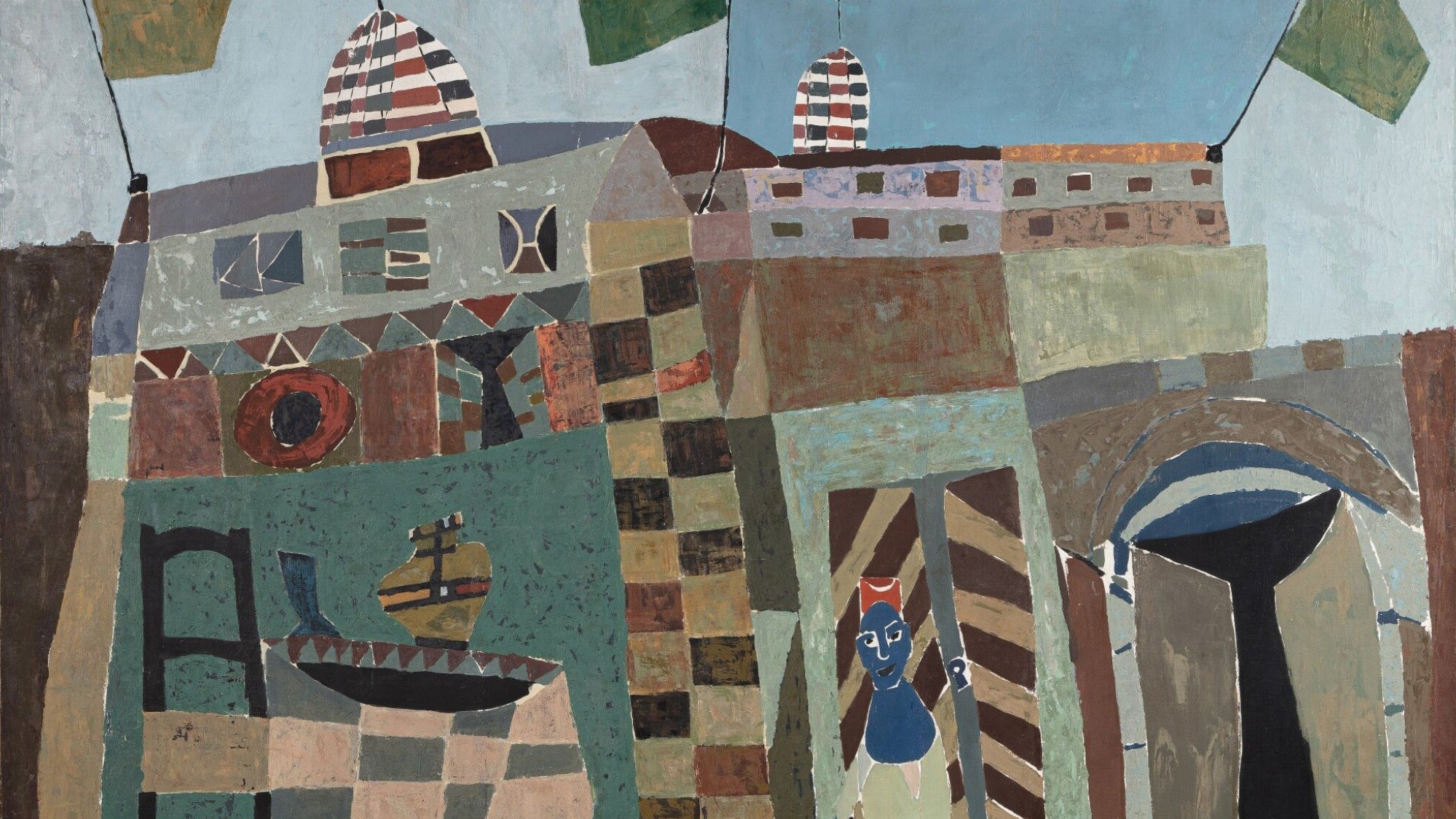 L'image représente une scène stylisée avec des formes géométriques et des couleurs vives. On y voit des bâtiments aux murs ornés de motifs variés, des drapeaux flottants au-dessus, et une porte arquée. Une figure humaine se tient à côté d'une des entrées, ajoutant une dimension narrative à la composition. L'ensemble dégage une atmosphère artistique, évoquant un mélange de cultures et d'influences. Le style est clairement inspiré de l'art moderne, avec des formes simplifiées et une palette de couleurs harmonieuses.