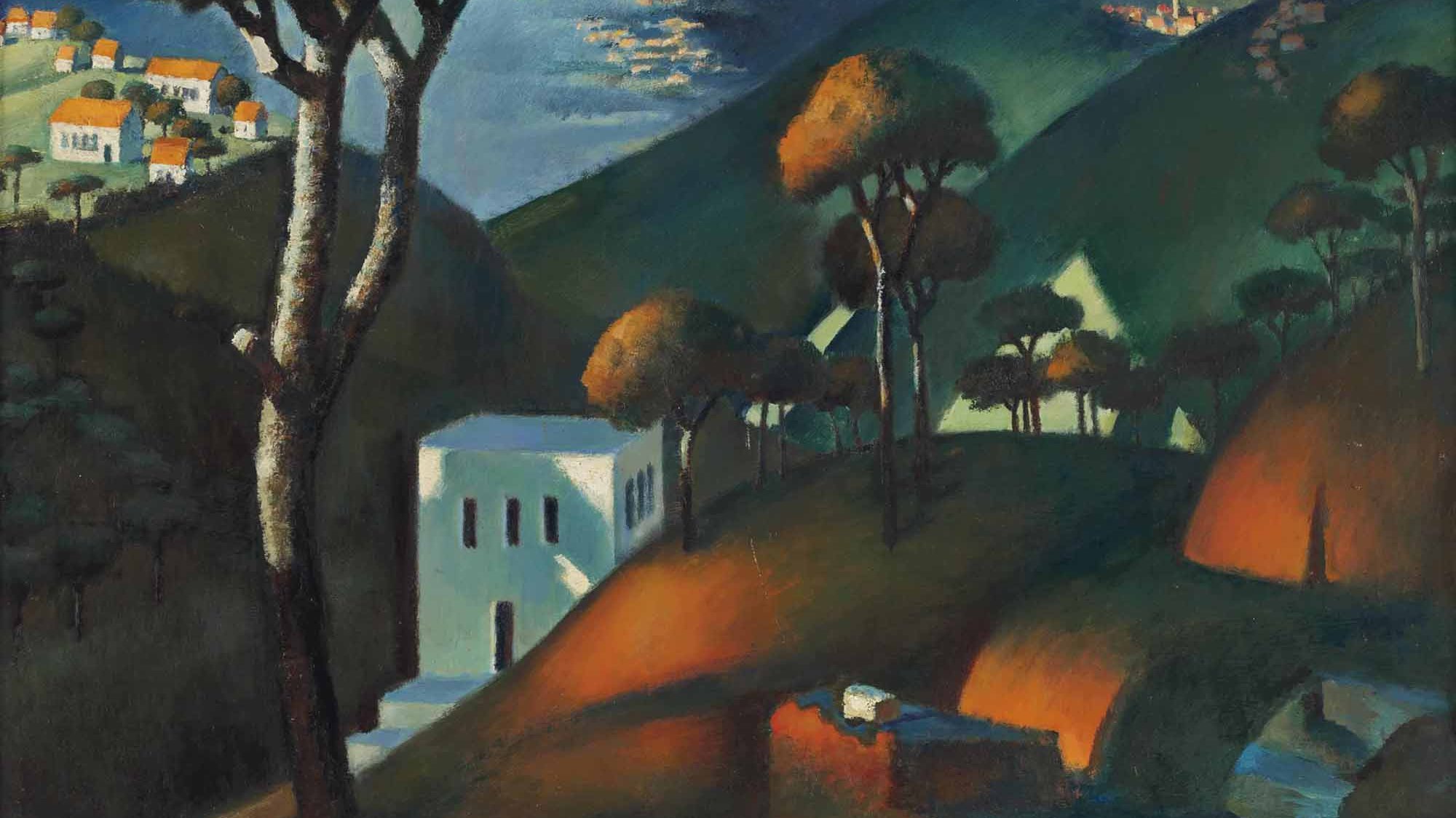 L'image représente un paysage stylisé et coloré, caractérisé par des collines ondulantes et des montagnes en arrière-plan. On y voit des arbres aux formes allongées et des maisons regroupées sur le flanc des collines, avec des teintes riches et contrastées. Le ciel est dramatique, avec des nuages et une lumière qui suggère une atmosphère méditative. Les couleurs sont principalement des verts et des bruns, évoquant une nature vibrante et imposante. L'ensemble donne une impression de sérénité et de majesté naturelle.