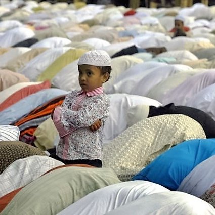 تظهر في الصورة مجموعة كبيرة من الأشخاص وهم يؤدون الصلاة، حيث يتواجدون في صفوف متراصّة على الأرض. في مقدمة الصورة، هناك طفل صغير يرتدي قبعة بيضاء وقميص مزخرف، يقف ويشاهد المصلين بعناية. يبدو أن الطفل في حالة من التركيز أو الفضول، بينما يظهر باقي المصلين في وضع السجود أو الركوع، مما يعكس أجواء العبادة والروحانية.