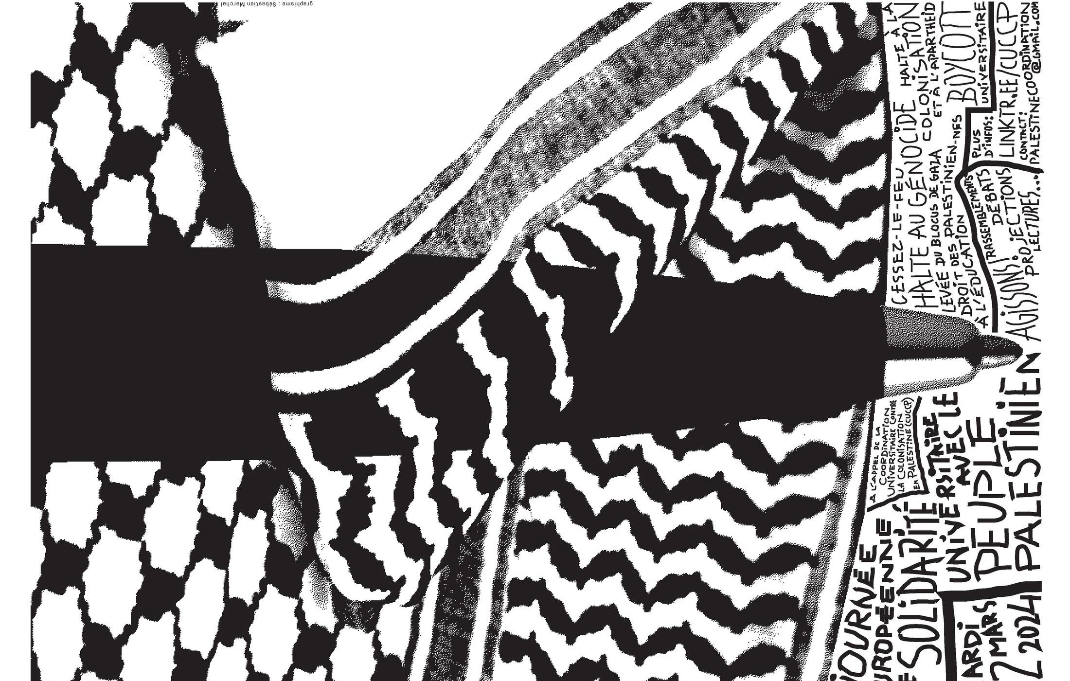 L'image présente un design graphique en noir et blanc. On y voit des motifs géométriques, éventuellement inspirés par la culture palestinienne, avec des inscriptions textuelles en français. Les mots semblent évoquer une journée de solidarité avec la Palestine, mentionnant une date spécifique, le 12 juillet 2014. L'ensemble dégage une atmosphère militante et engagée, soulignant un message de soutien au peuple palestinien.