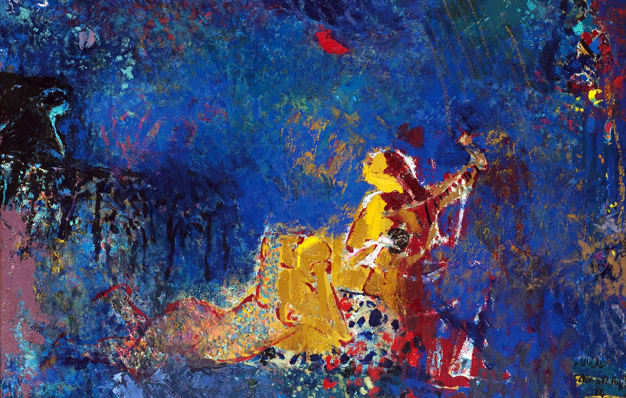 L'image présente une scène colorée avec une prédominance de bleus profonds et vifs. Des touches de couleurs chaudes, comme le jaune et le rouge, sont utilisées pour représenter des figures humaines, probablement en mouvement ou en train de danser. L'arrière-plan est richement texturé, donnant une impression de profondeur et d'émotion. Les formes semblent abstraites, créant une atmosphère dynamique et rêveuse, évoquant une ambiance jubilatoire ou artistique.